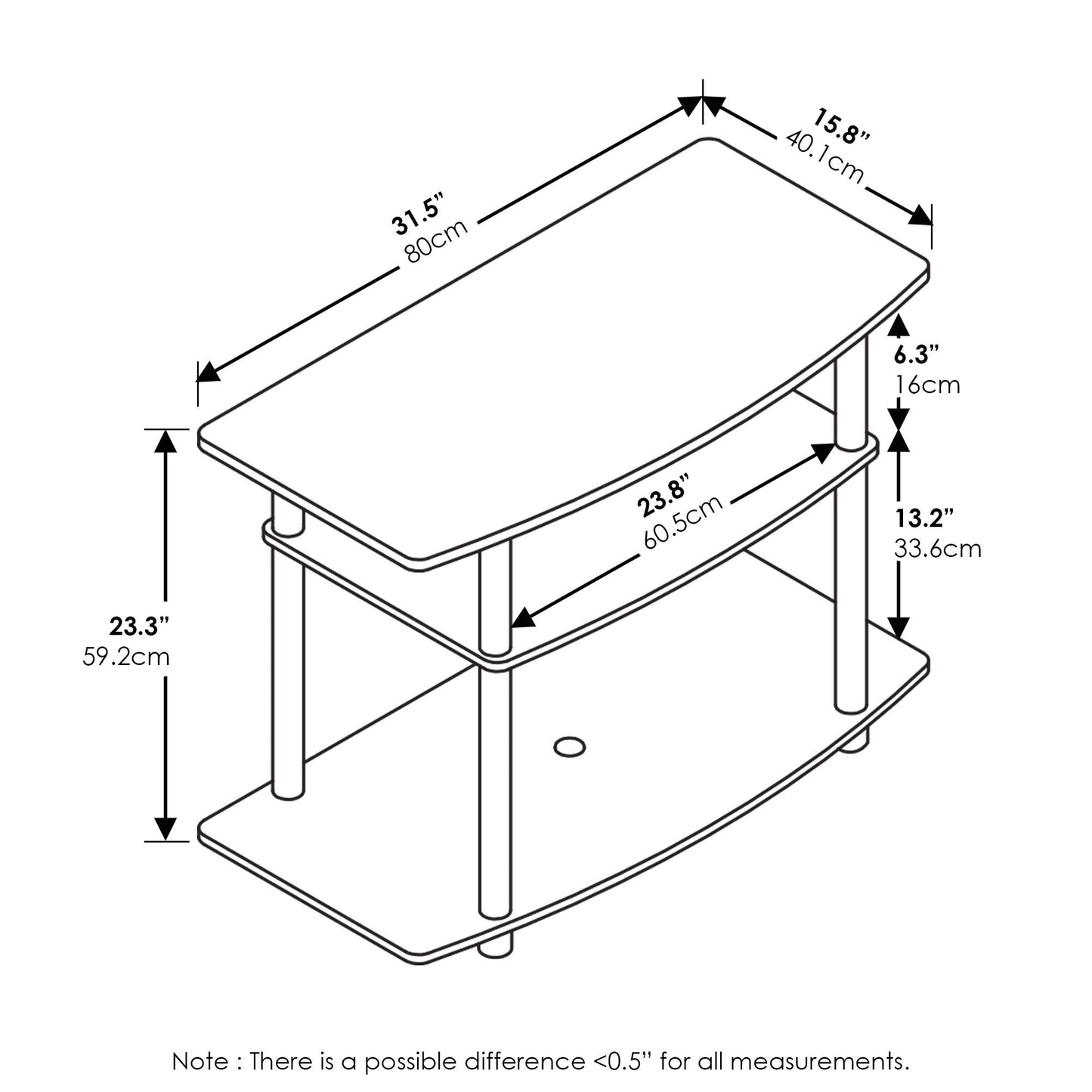 Furinno No Tools 3-Tier Entertainment Center Stand, TV Stands, TV Unit, TV Shelf, French Oak/Black Round Tube