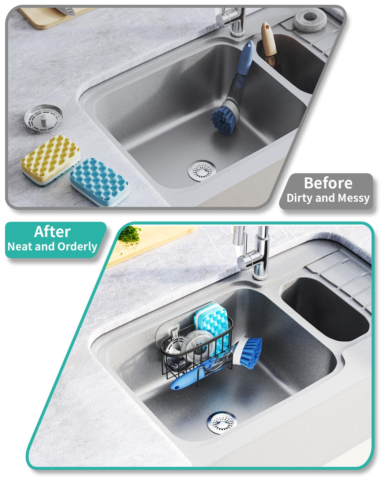 HapiRm Sink Caddy, M-Shaped Sponge Holder for Kitchen Sink, Stainless Steel Kitchen Sponge Holder no Drilling, Rustproof Kitchen Sink Organiser for Sponge Brush Sink Stopper, with 2 Adhesives Black-01 6.49 * 3.14 * 2.95in