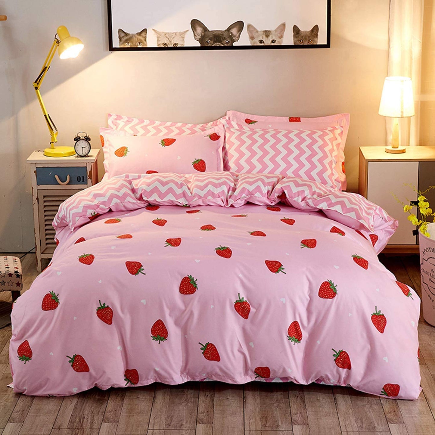 Strawberry Bedding Duvet Cover Set Double Bedding for Kids Girls Bedding Set Cute Comforter Cover with 2 Pillowcases Tropical Fruit Bedding Cover Microfiber Kawaii Bedding Zipper 3 Pieces Pink Red