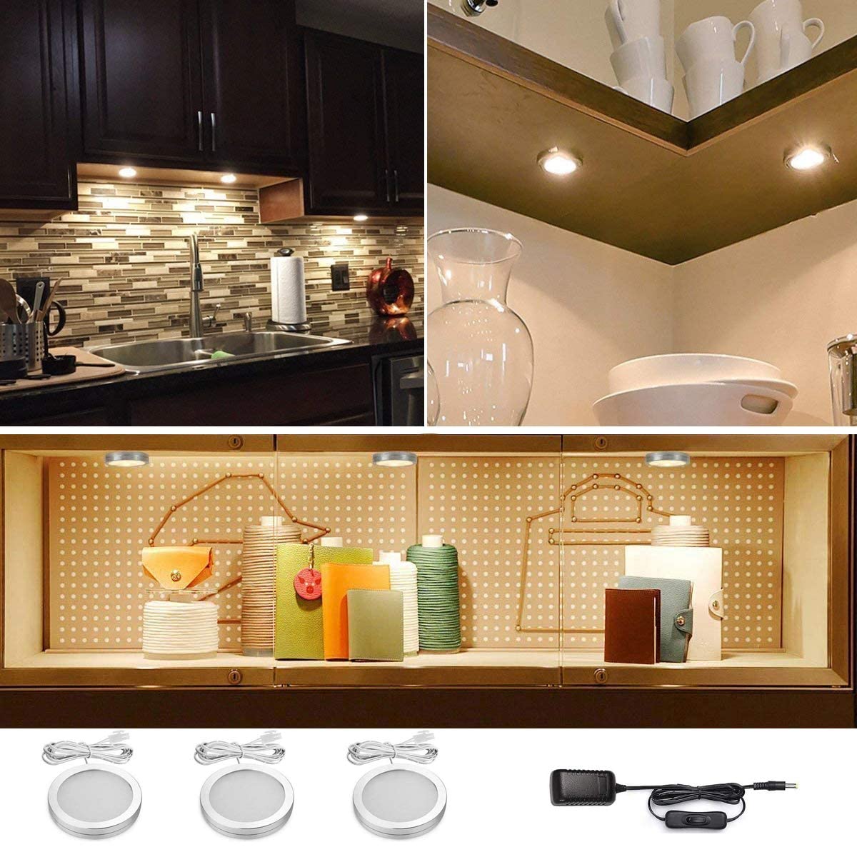 Vlio Under Cabinet Light Kit, Set of 6, LED Puck Lights, 15W, 1500LM, Warm White, Display Cabinet Lighting, Disc Light for Kitchen, Closet, Counter, Cupboard, Shelf, Wardrobe and More