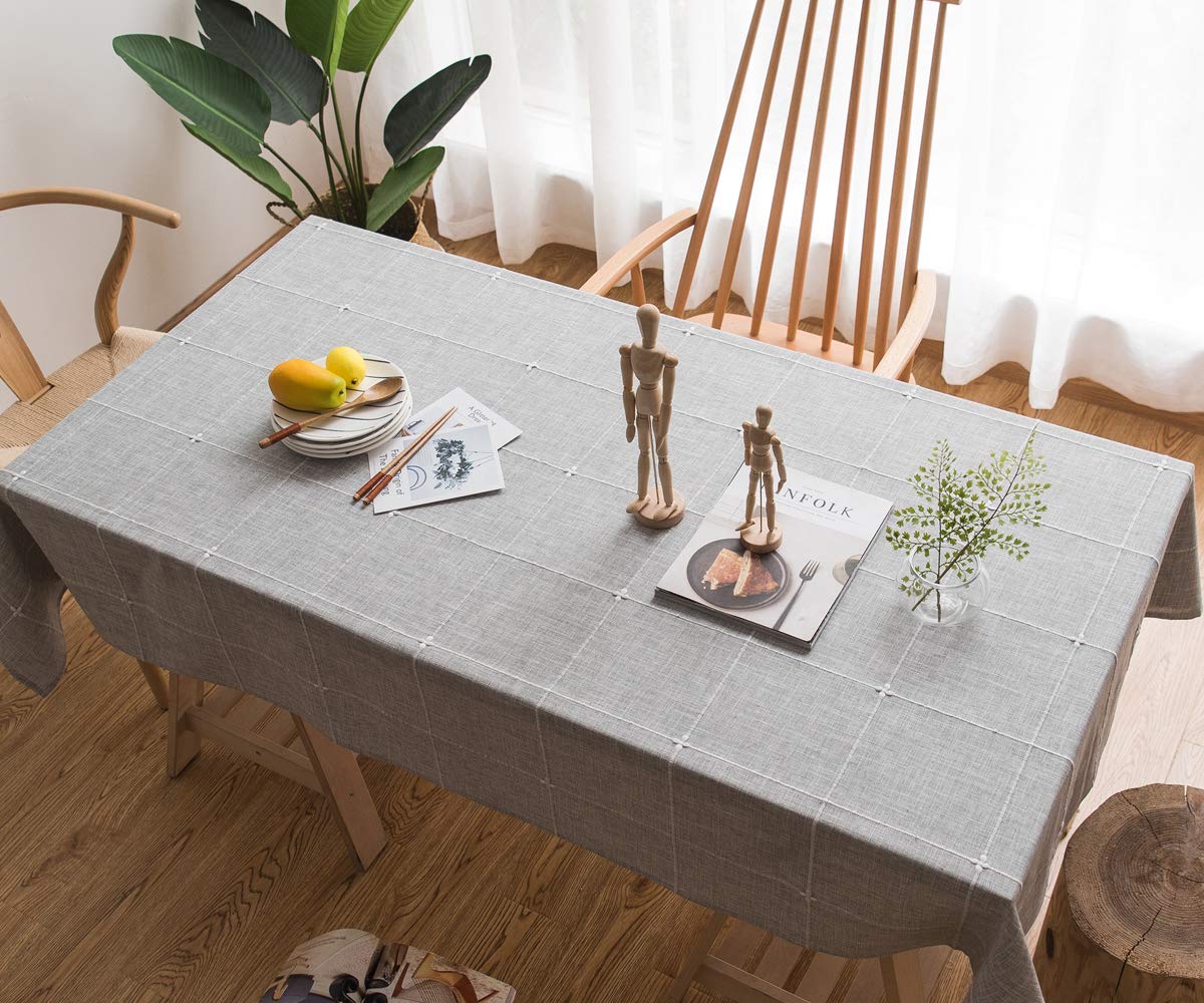 Plenmor Heavy Duty Cotton Linen Tablecloth for Rectangular Tables Solid Embroidery Lattice Table Cloth for Kitchen Dinning Tabletop Decoration (135x220 cm, Grey) 135x220 cm Gray