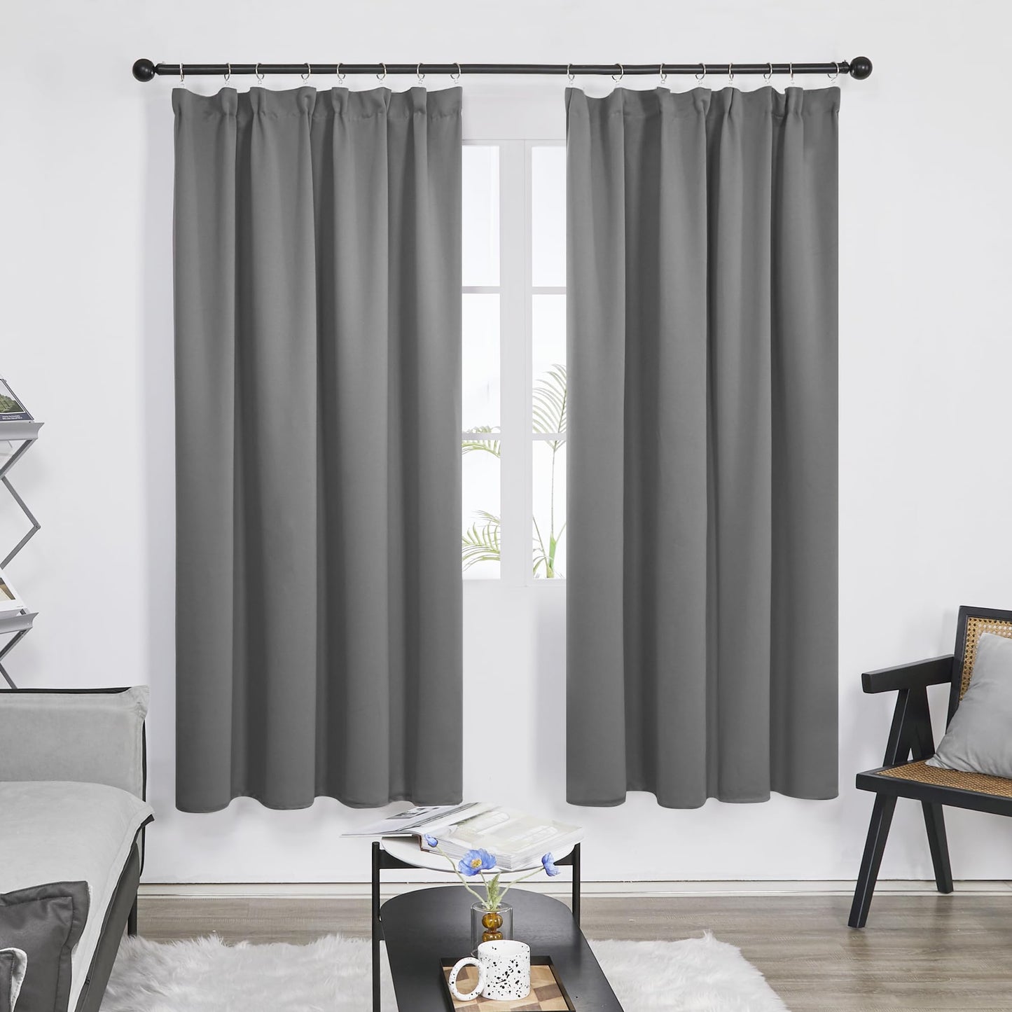 Deconovo Solid Pencil Pleat Curtains for Bedroom Thermal Insulated Tape Top Blackout Curtains 66 x 54 Light Grey Two Panels W66 x L54