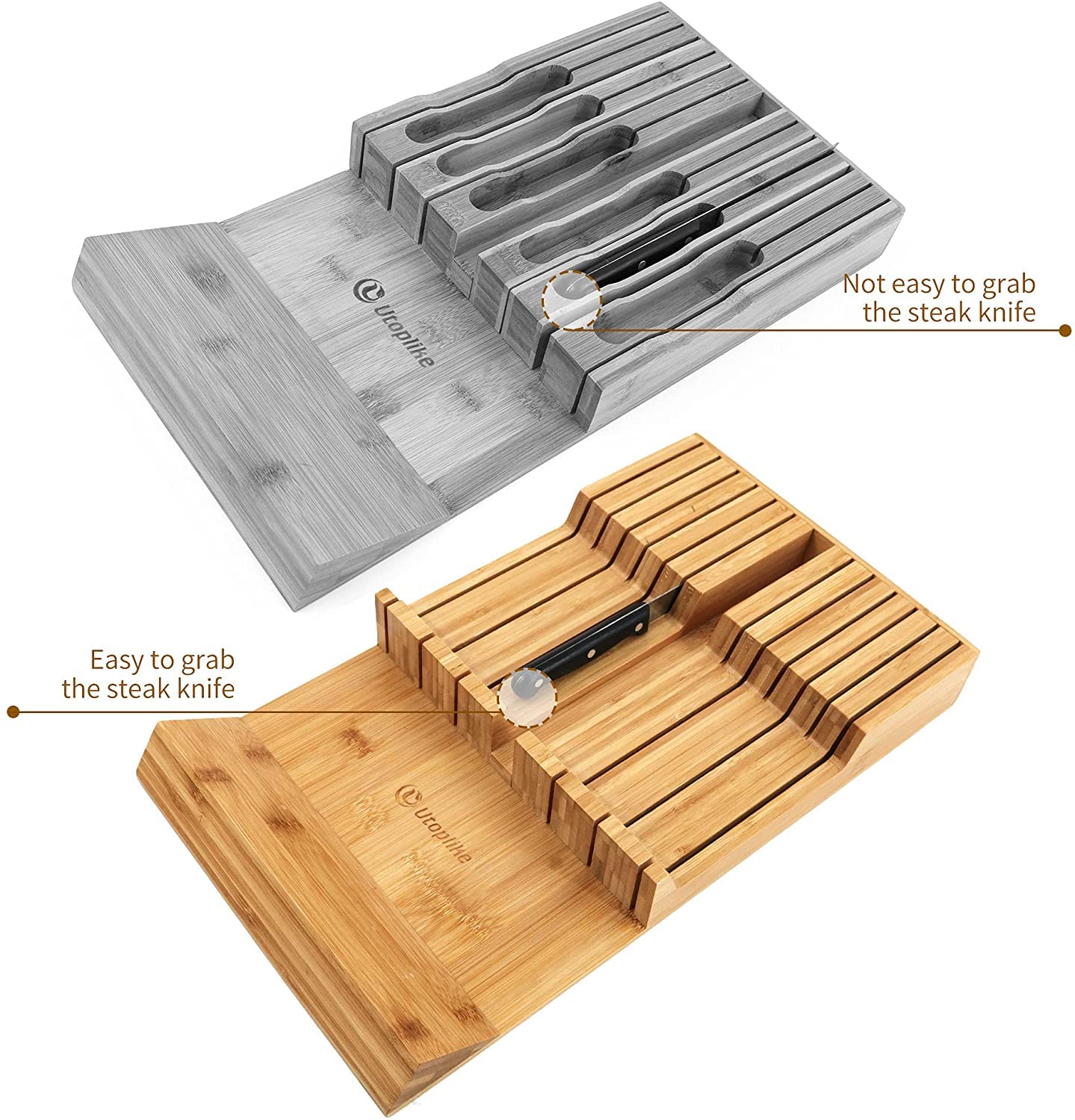 Utoplike in-Drawer Knife Block Bamboo Kitchen Knife Drawer Organiser,Large Handle Steak Knife Holder Without Knives, fit for 12 Knives and 1 Sharpening Steel 12 Holder