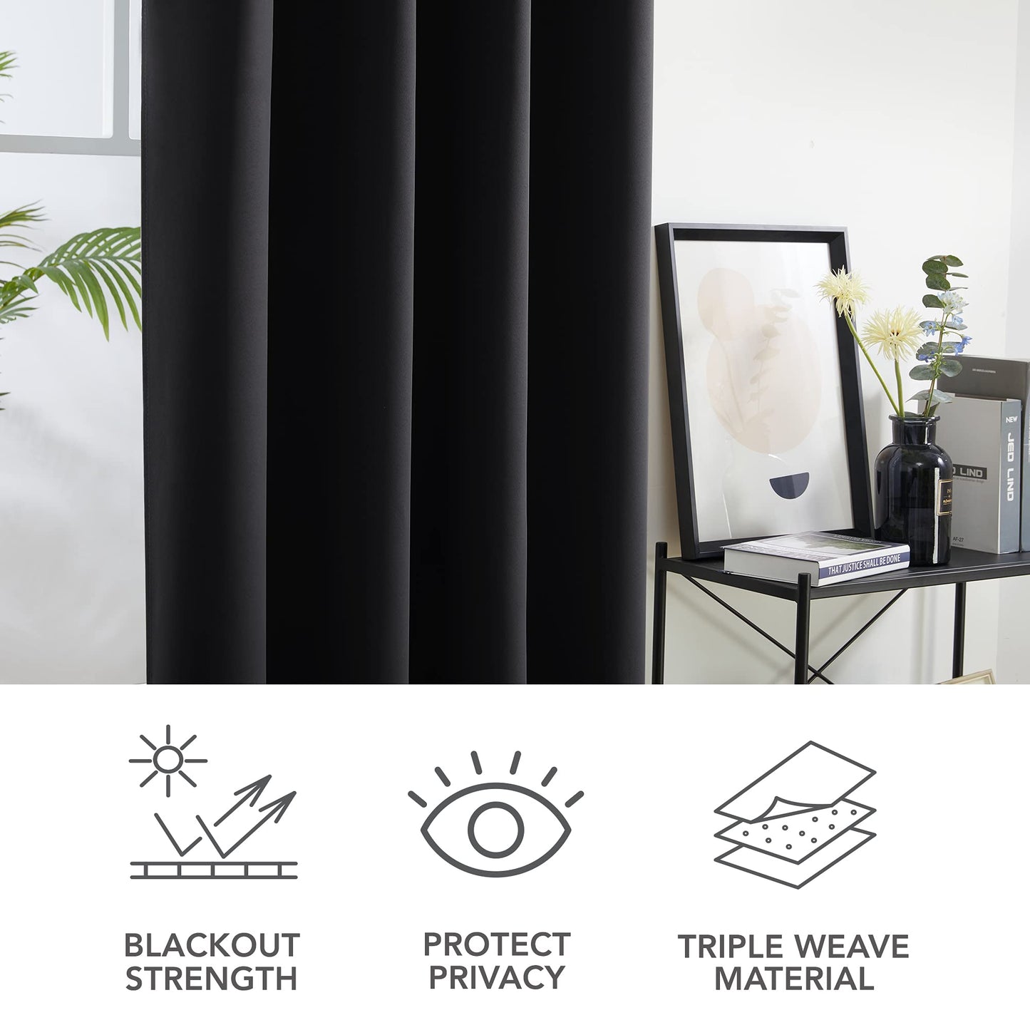 Deconovo Ring Top Curtains 52"x 63" Blackout Thermal Insulated Eyelet Curtains for Bedroom Black 1 PAIR W52 x L63