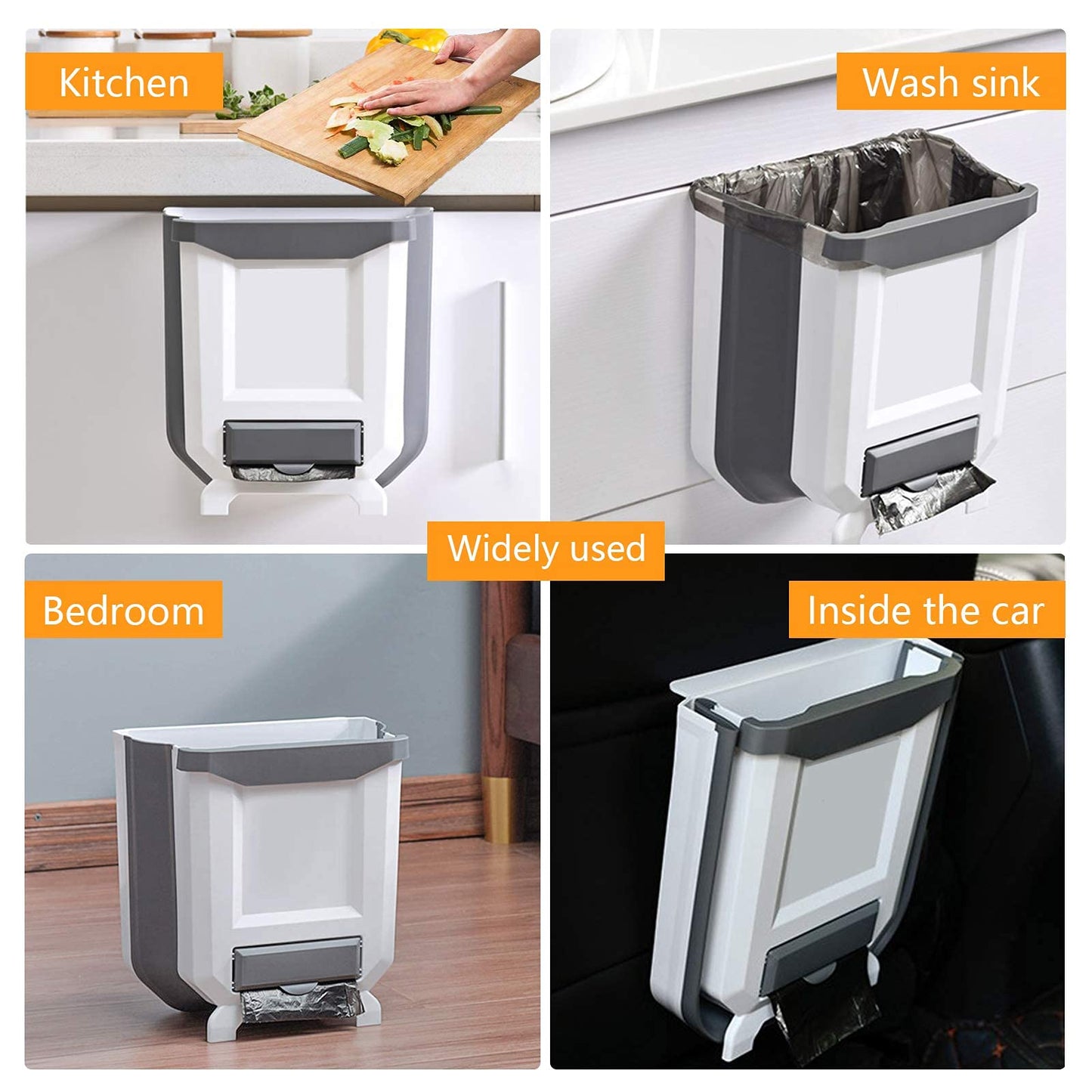 HUAPPNIO Kitchen Bin Plastic Folding Wall Mounted for Cupboard Door Hanging Trash Can 8L (White) White