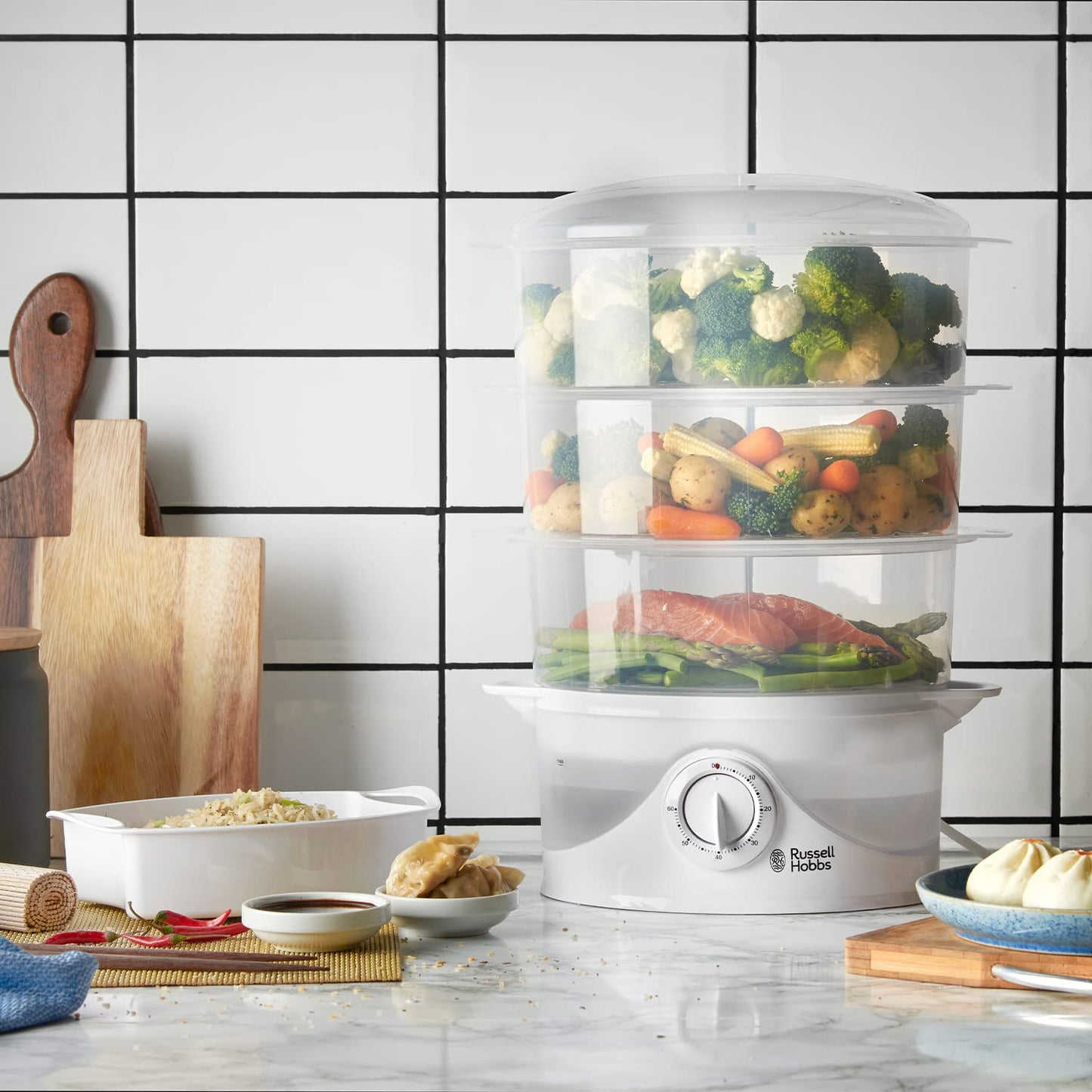 Russell Hobbs 3 Tier Electric Food Steamer, 9L, Dishwasher safe BPA free baskets, Stackable baskets, 1L Rice bowl inc, 60 min timer, Steams in 40 seconds, Healthy eating, Energy saving, 800W, 21140 Single