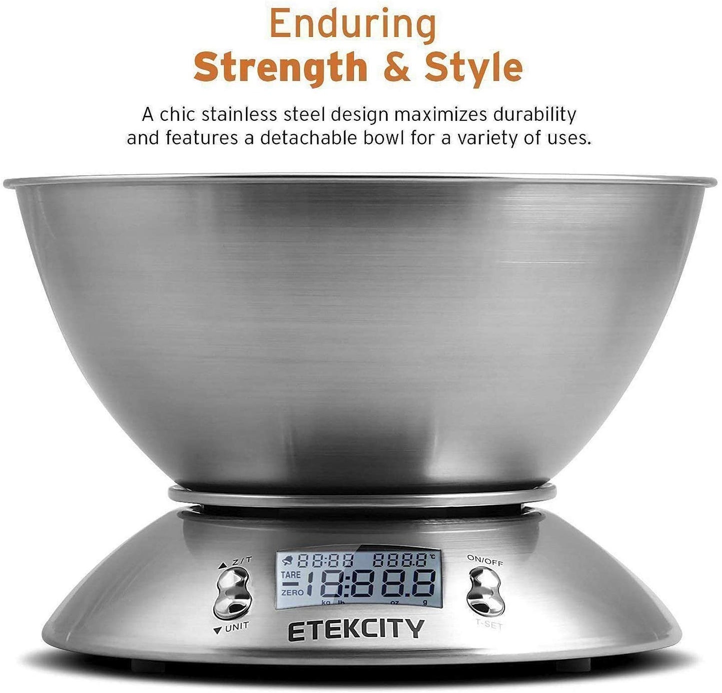 Etekcity Electronic Kitchen Scales with Stainless Steel Mixing Bowl, Timer and Temperature Sensor, Digital Wet and Dry Food Weighing Scale for Cooking and Baking-11lb/5kg bowl scale