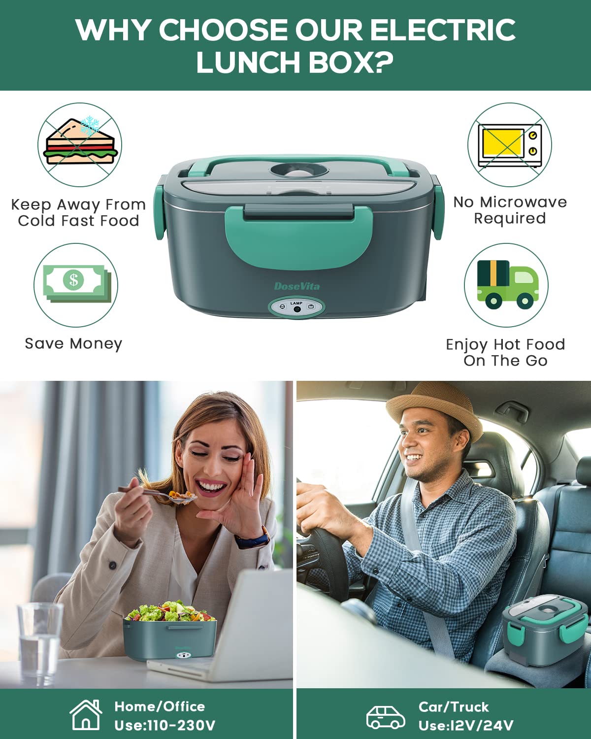 Dosevita Electric Lunch Box 80W Faster Heated Lunch Box Portable Food Warmer for Car Home with Removable 304 Stainless Steel Container Spoon & Fork and Carry Bag (Grey+Green) Grey+green