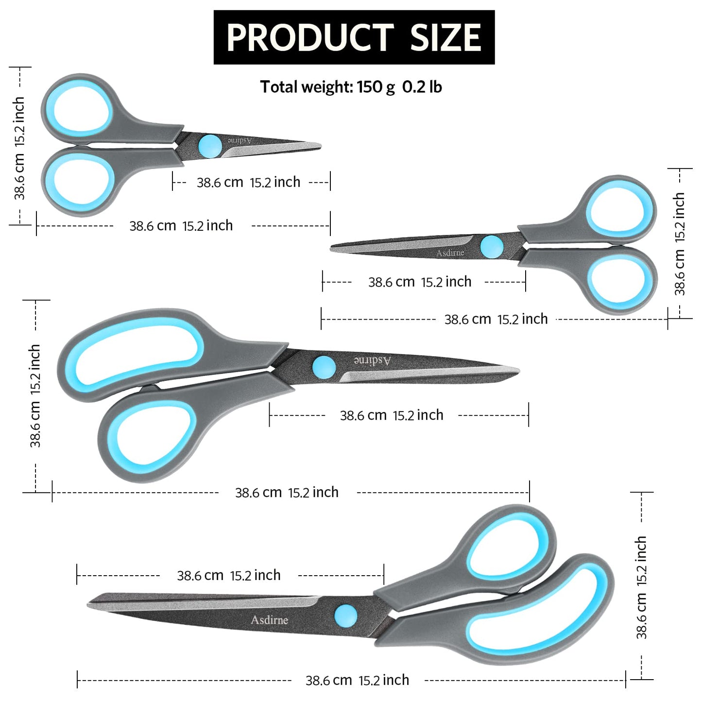 Asdirne Teflon Coating Scissors Set of 4, Non-Stick Scissors All Purpose, Premium Stainless Steel Razor Blades, Ergonomic Semi-Soft Rubber Grip, 10/''/8.5/''/6/''/5/'', Blue&Gray,(A4F) 4 Pack-teflon Coating