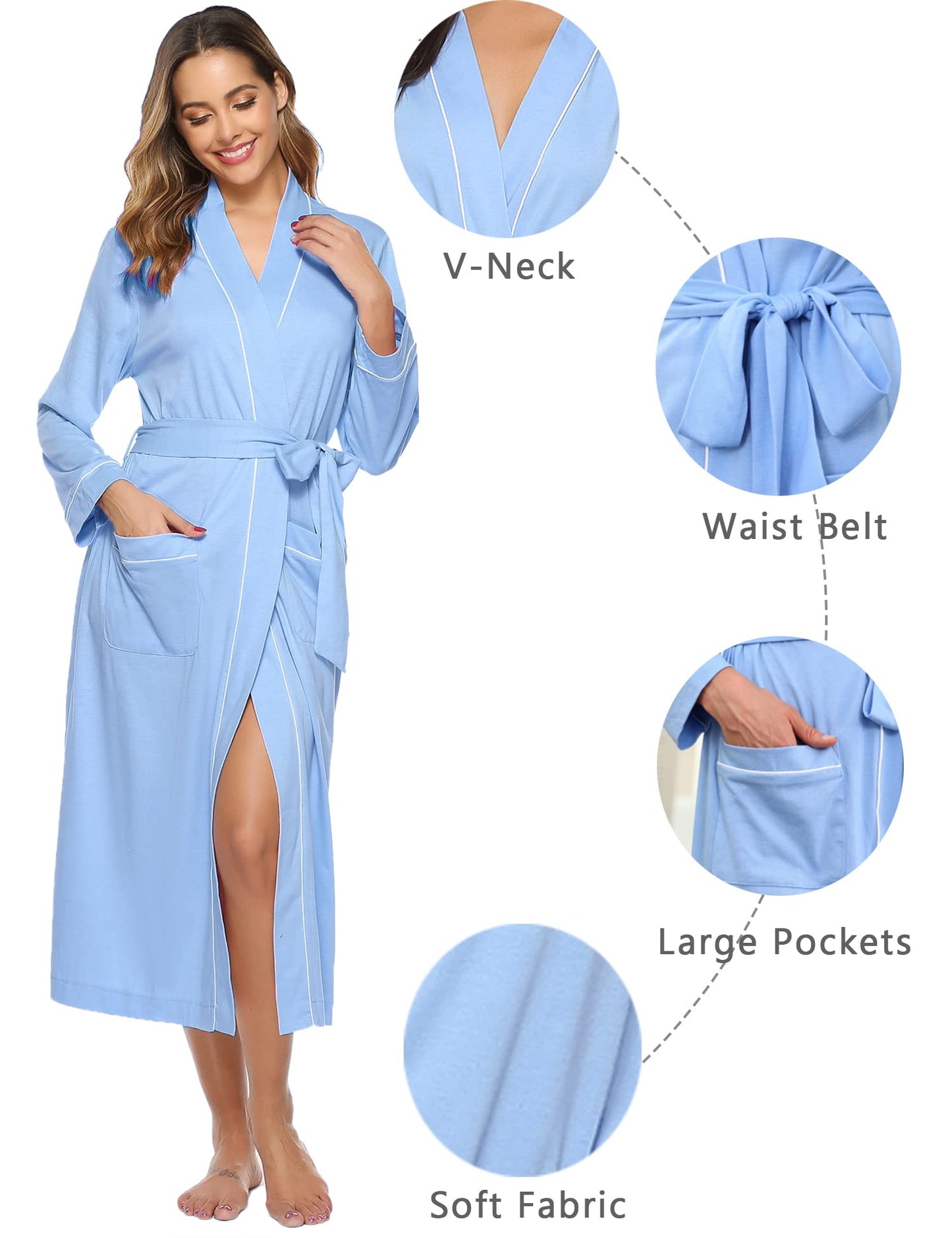 Sykooria Womens Lightweight Cotton Knit V Neck Long Kimono Robes Bathrobe Soft Sleepwear Loungewear Pocket Dressing Gown for Women Blue M