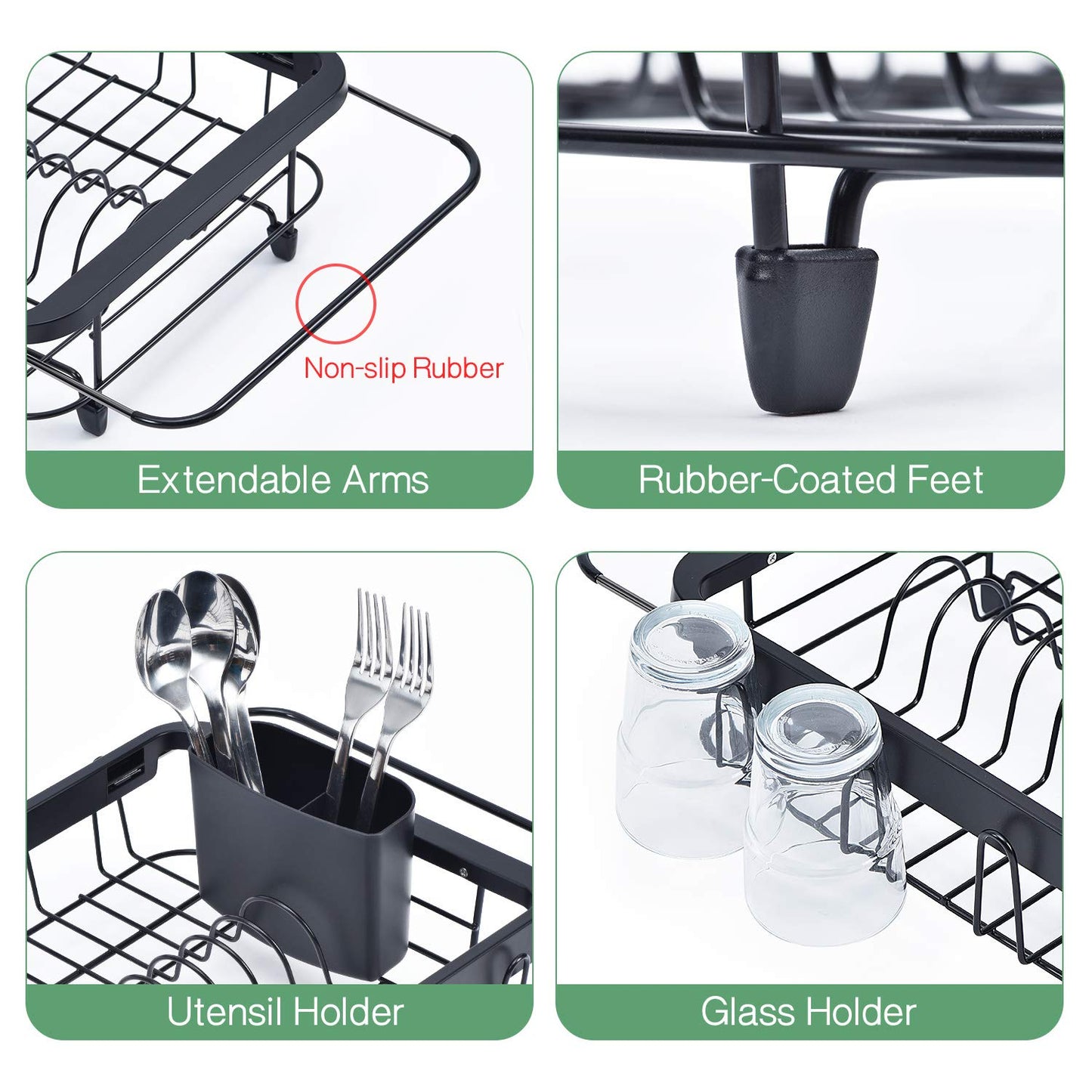 Kingrack Dish Sink Drainer, Dish Drying Rack Over Sink, Extendable Dish Drainer Black With Removable Cutlery Holder, Glass Holder,Dish Rack in Sink or On Counter, Plate Rack Drainer for Kitchen, Black M