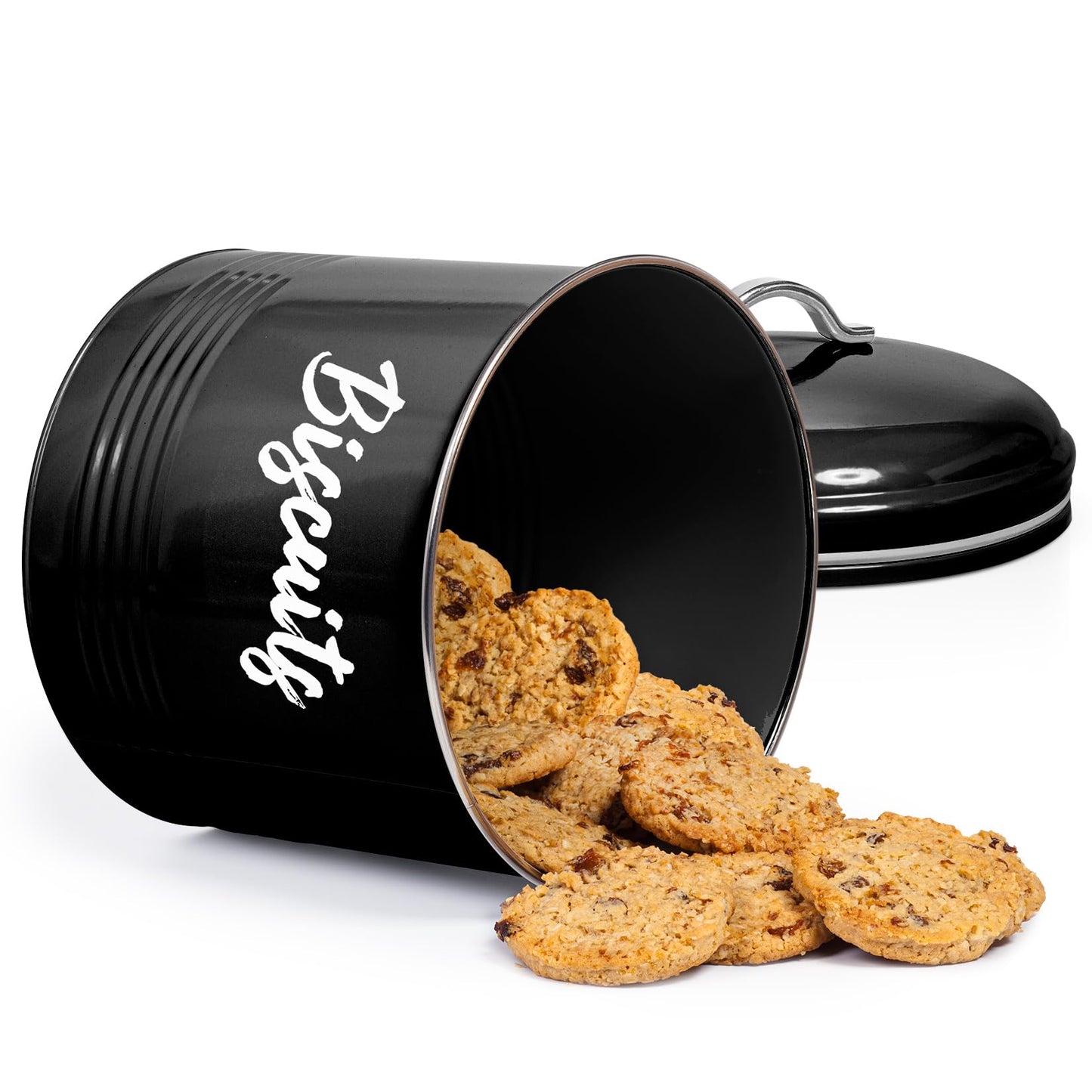 EHC Round Biscuit Cookie Tin Black, Kitchen Food Barrel Storage Box, Airtight Lids Easy to Open - Storage Tin for Biscuit, Cookies Jars, 3 Litres