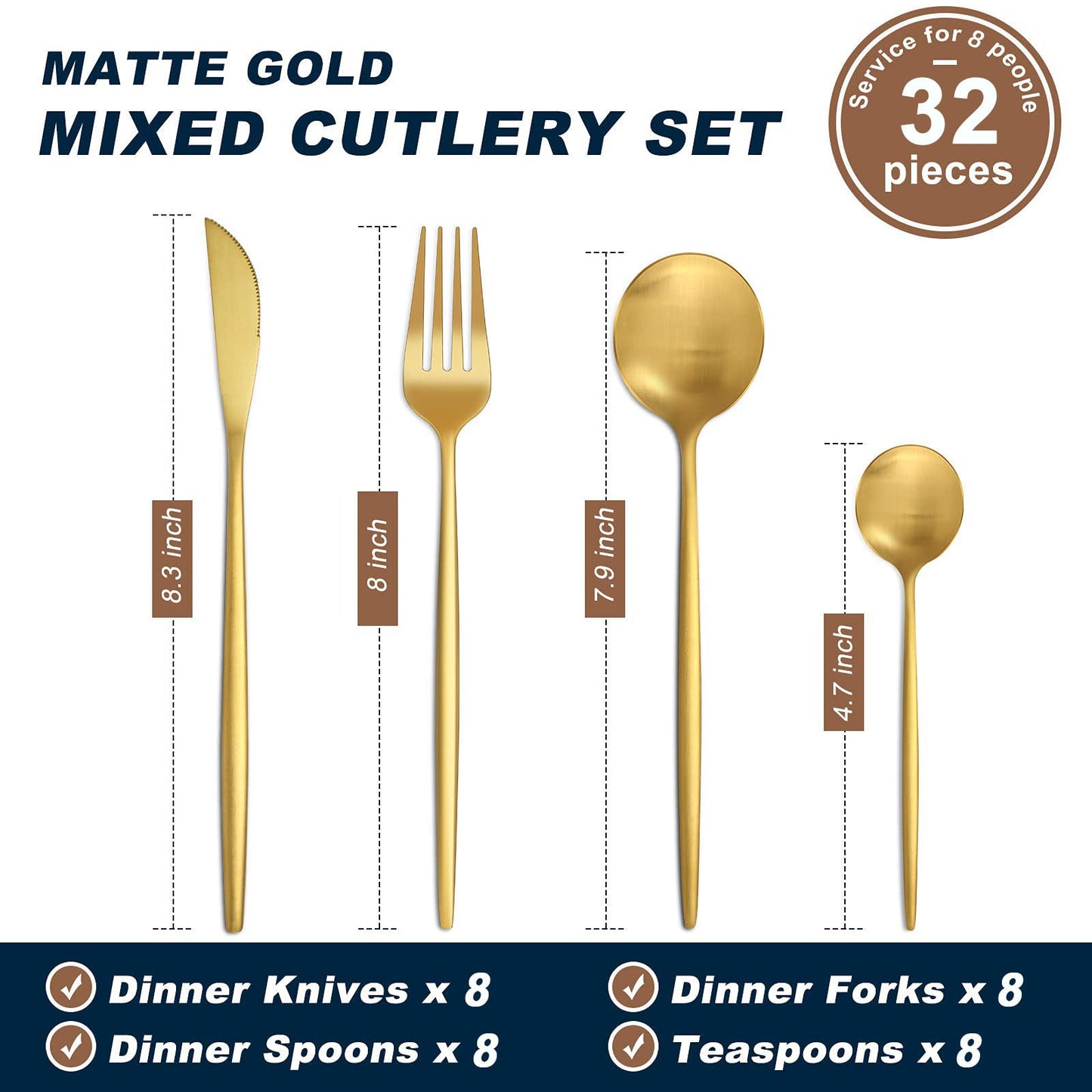 Matte Gold Cutlery Sets 32 Pieces, Bestdin Elegant Stainless Steel Cutlery Set, Kitchen Cutlery Set for 8 People, Suitable for Home/Party/Restaurant, Gold Titanium Coating and Dishwasher Safe