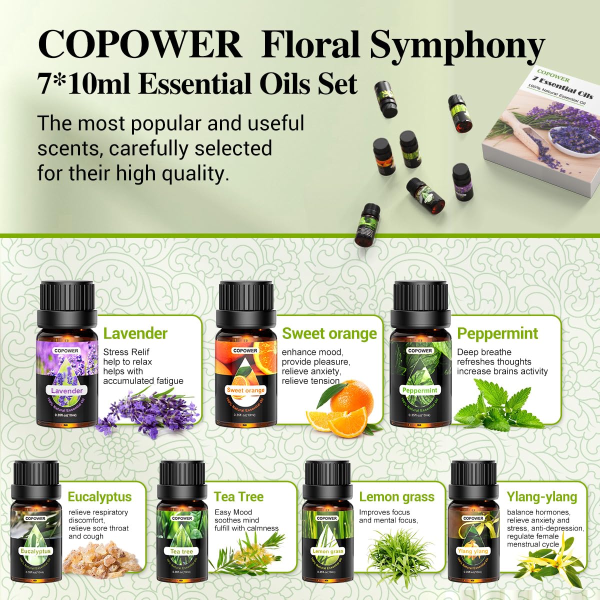 Essential Oils for Diffusers for Home, COPOWER 7x10mL Diffuser Oils Fragrance with Diffuser Wood, [Aroma Secrets] 100% Pure Aromatherapy Oil, Lavender, Lemon Grass, Tea Tree, Sweet Orange,Peppermint 10.00 ml (Pack of 7)