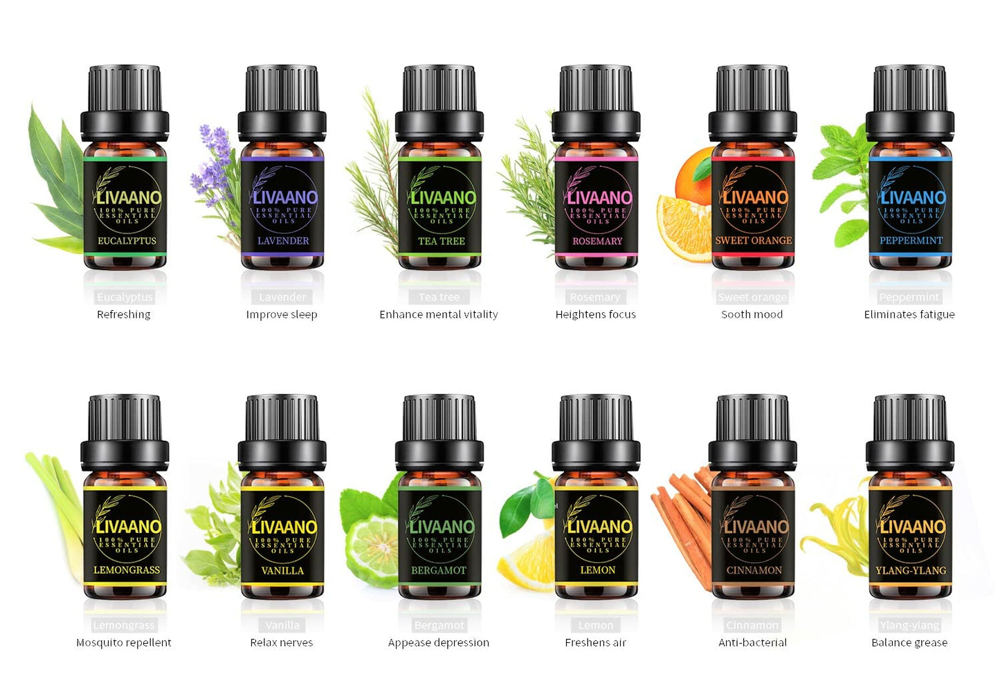 LIVAANO 100% Natural Essential Oils Set, 5ml 12 Aromatherapy Oils, Essential Oils for diffusers for Home, Diffuser Oil, Lavender, Tea Tree, Lemon, Bergamot Best Seller