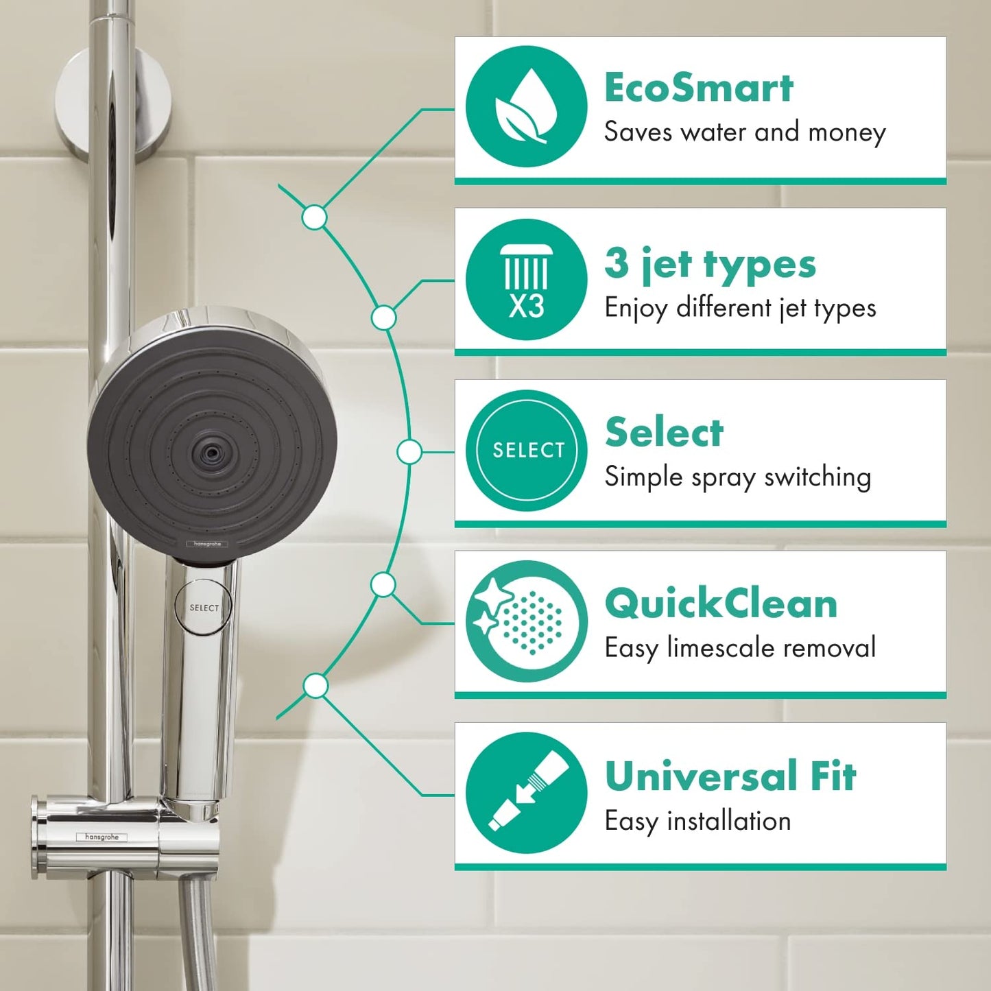 hansgrohe Pulsify Select S - water-saving shower head 9 l/min (EcoSmart), hand shower round (⌀ 105 mm) with 3 sprays (Relaxation version), with anti-limescale function, chrome 3 water-saving sprays with PowderRain and massage spray