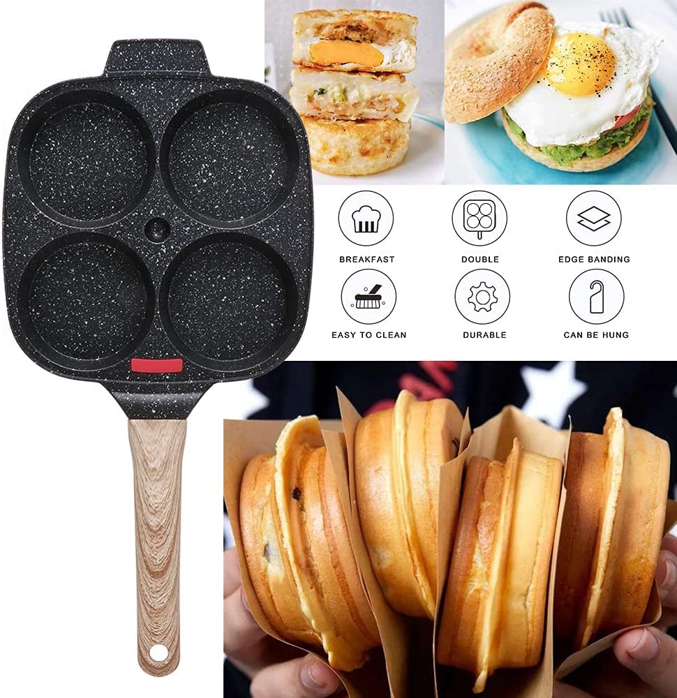 Bobikuke Pancake Pan Non Stick, 4 Hole Egg Frying Pan with Lid Burger Pan Multi Aluminum Fried Egg Pan for Breakfast - Black 4 Trous + Couvercle