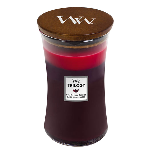 Woodwick Hourglass Trilogy Large Scented Candle with Crackling Wick, Sun-Ripened Berries, Up to 130 Hours, Multicolored (Sun-Ripened Berries), 10.2 x 10.2 x 17.8 cm, 610 g LARGE HOURGLASS