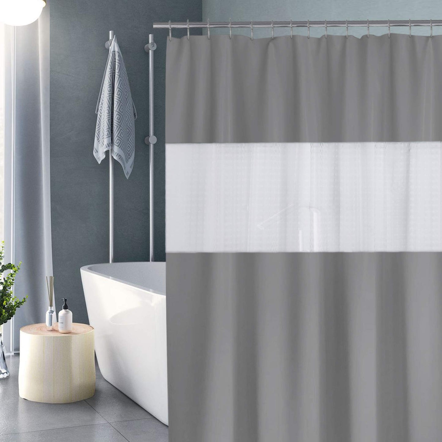 DUFU Shower Curtain Mould, 3D Clear ECO Shower Curtain Beige Waterproof & Washable,with 12 Rustproof Hooks, for Bath Tub and Shower Stall, 200 x 180 cm Gray