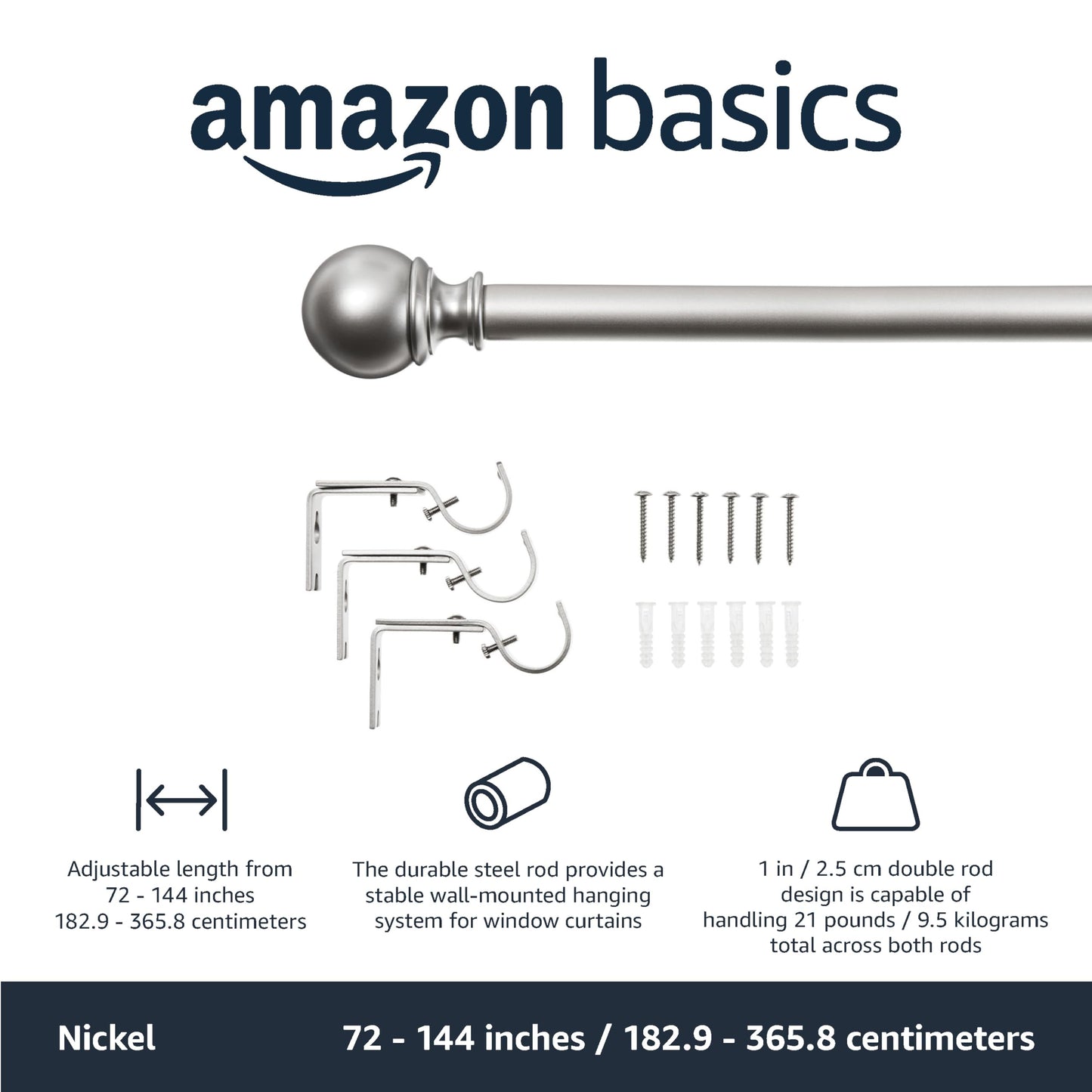 Amazon Basics Curtain Rod with Round Finials - Extendable 183 to 366 cm for Bedroom, Dining Room, Living Room or Kitchen, Nickel 1-Inch-Rod