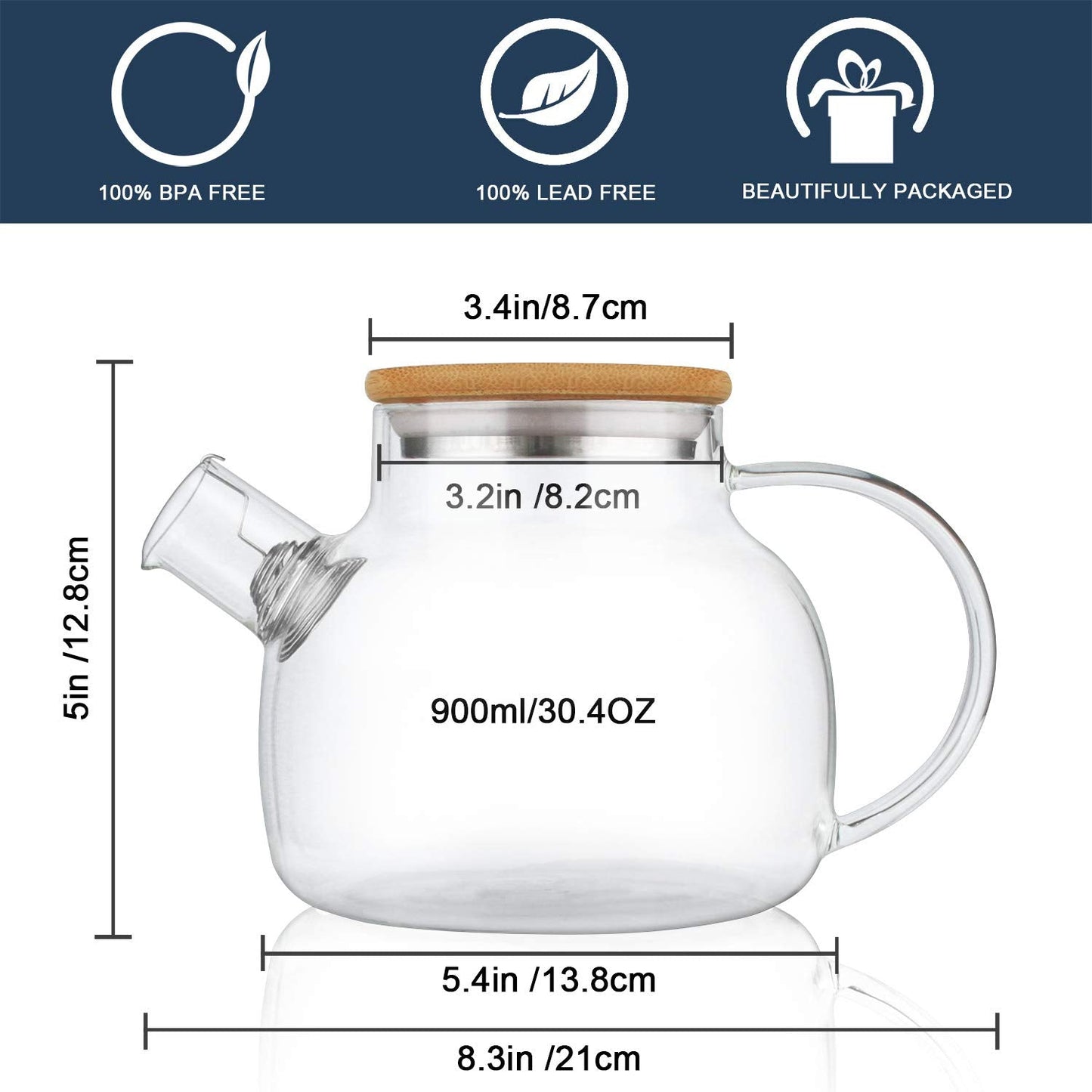 CnGlass Glass Teapot Stovetop Safe with Bamboo Lid,900ml/30.4oz Clear Teapots with Removable Infuser,Glass Tea Kettle for Loose Leaf and Blooming Tea 900ml/30.4oz