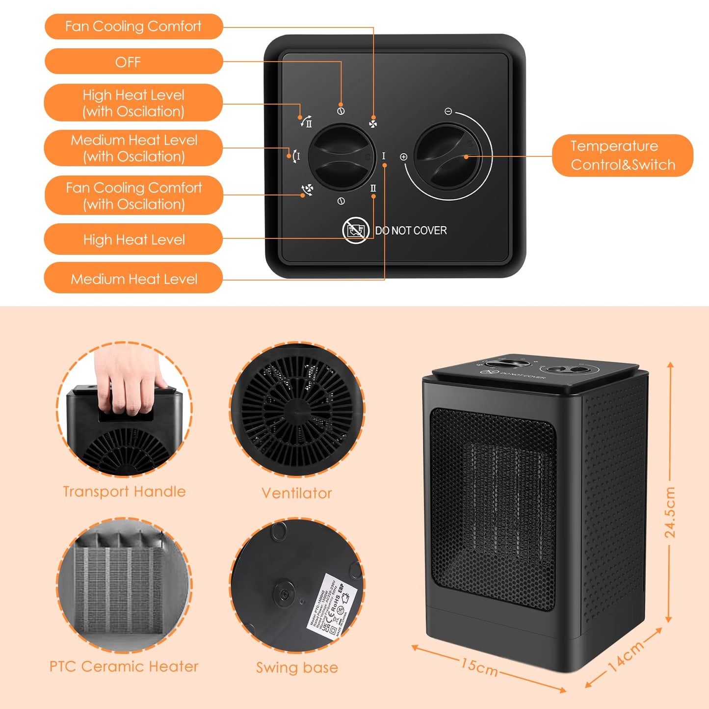 Portable Space Heater, Fan Heaters for Home Low Energy Silent, 750W / 1500W PTC Electric Heater with Tip-Over and Overheat Protection, 6 Adjustable Modes & Thermostat, Suitable for Office Home Dorm