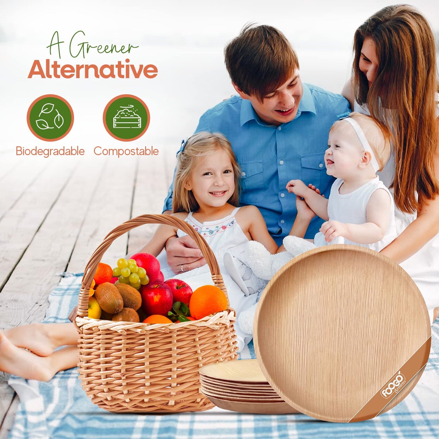 FOOGO Green 50 Disposable Palm Leaf Plates 10"(25cm) Large Round Eco Friendly Biodegradable compostable Plates Like Wooden Plates Paper Plates for Hot Food Wedding Picnic Party Plates Large 10 inch (25cm)