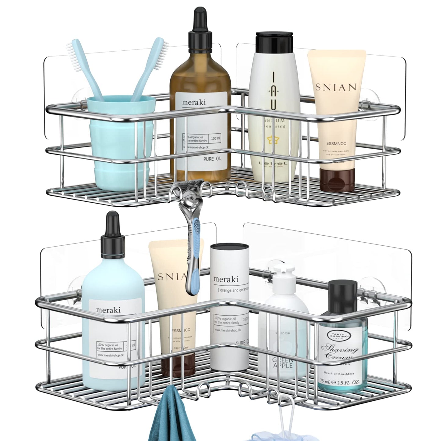 Menbyci Silver Corner Shower Caddy,Adhesive Shower Shelf with Hooks, Stainless Steel Rustproof Bathroom Storage Organizer Rack,No Drilling Shower Shampoo Holder Wall Mounted,2-Pack 2 Packs