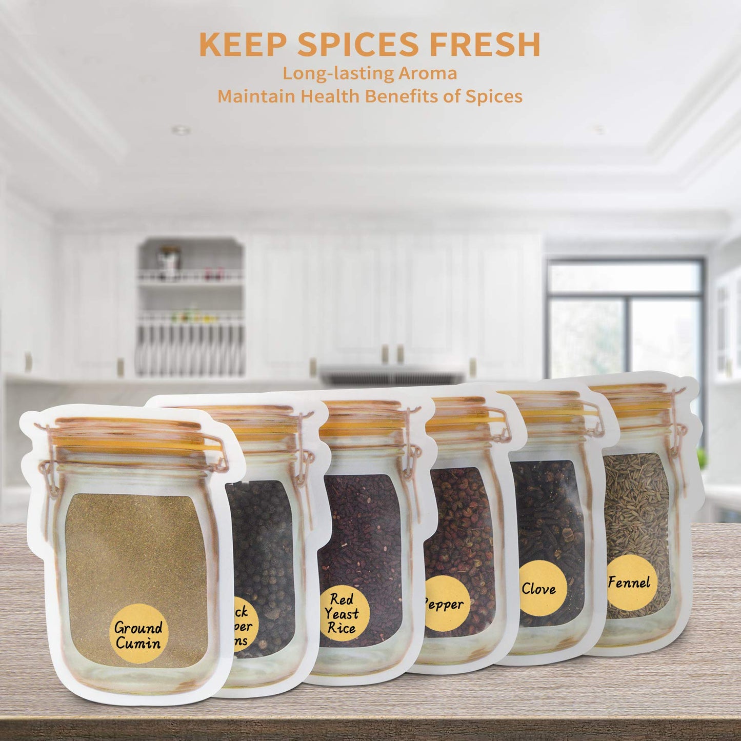 Mlife Spice storage Bags-40 PCS Small Mason jar Spice Jars Bags with 48 PCS Spice Labels,Snack Saver Container Leak-Proof Zip-Lock Bags for Travel Camping Picnic 40pc