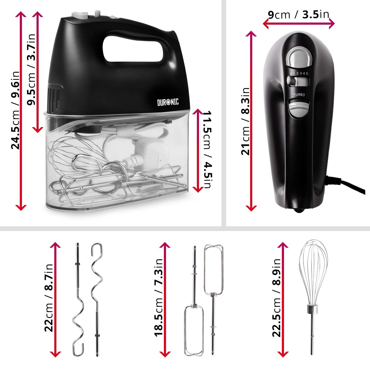 Duronic HM4BK Electric Hand Mixer Set 400W - 2 Beaters | 2 Hooks | 1 Whisk – Baking - Storage Case Stand Black 5 Speed Turbo Function