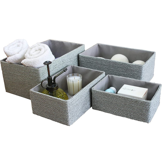 La Jolíe Muse Storage Baskets Set 4 - Woven Basket Paper Storage Bin, Boxes for Makeup Closet Bathroom Bedroom Living Room, Grey