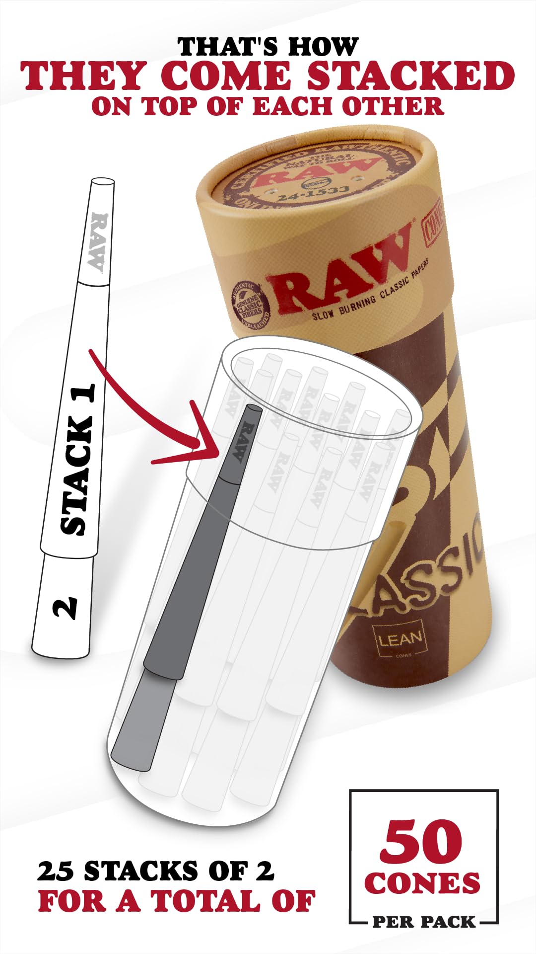 RAW Cones Classic Lean Size | 50 Pack | Natural Pre Rolled Rolling Paper with Tips & Packing Sticks Included