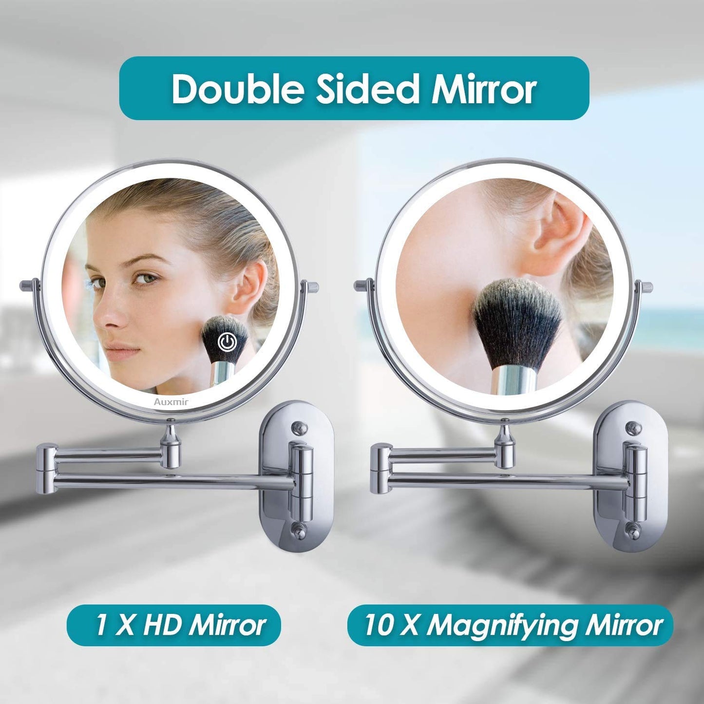 Auxmir 8'' Wall Mounted Mirror with 1X/10X Magnification, LED Magnifying Makeup Mirror with 3 Light Modes, 360 Swivel Double Sided Extendable Vanity Mirror, Touch Control & Auto OFF, 4 AAA Batteries 1X/10X-AAA Batteries