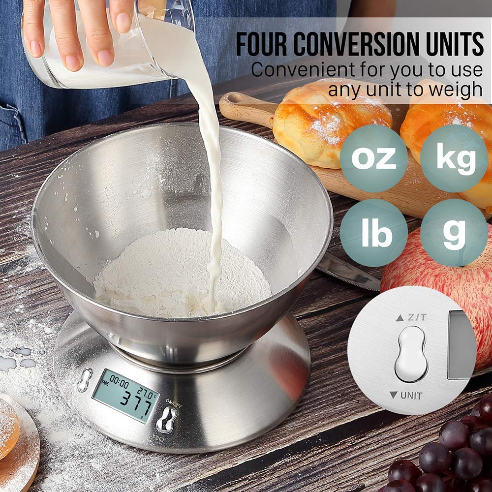 himaly Digital Kitchen Food Scales, Stainless Steel Weighing Cooking Scales with Detachable Bowl,11lb/5kg LCD Display with Tare Function, Temperature Sensor and Timer Alarm(2 AA Batteries Included) 5kg With Bowl