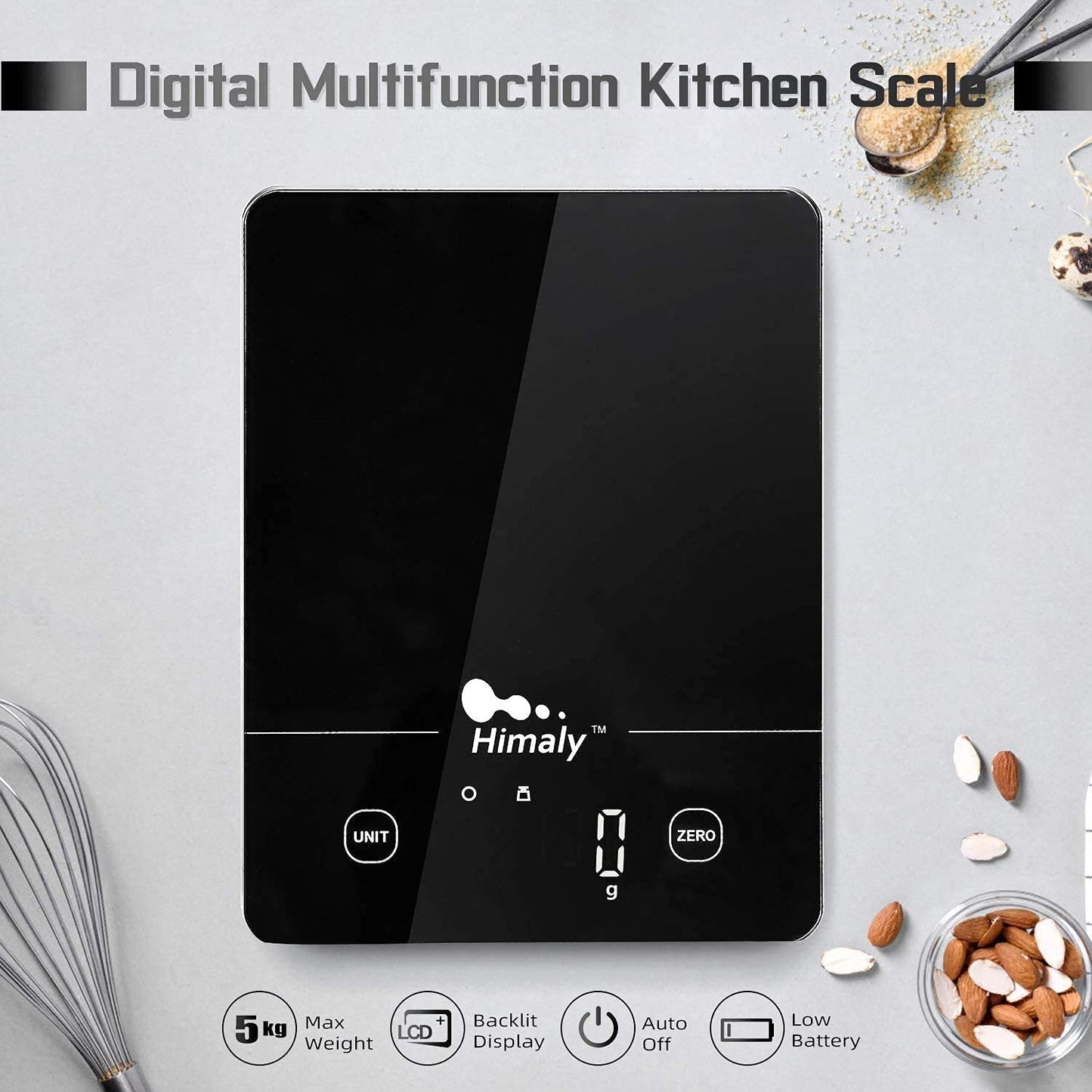 Himaly Digital Kitchen Scales Food Scale with Tempered Glass Platform,Electronic Cooking Scale with LCD Display, Multifunction Weighing Scale for Baking, Tare Functio,5kg/11LB 5kg-Black