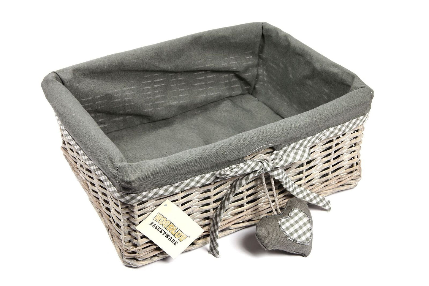 Woodluv Grey Wicker Rectangular Storage Gift Hamper Basket With Removable Lining - Large