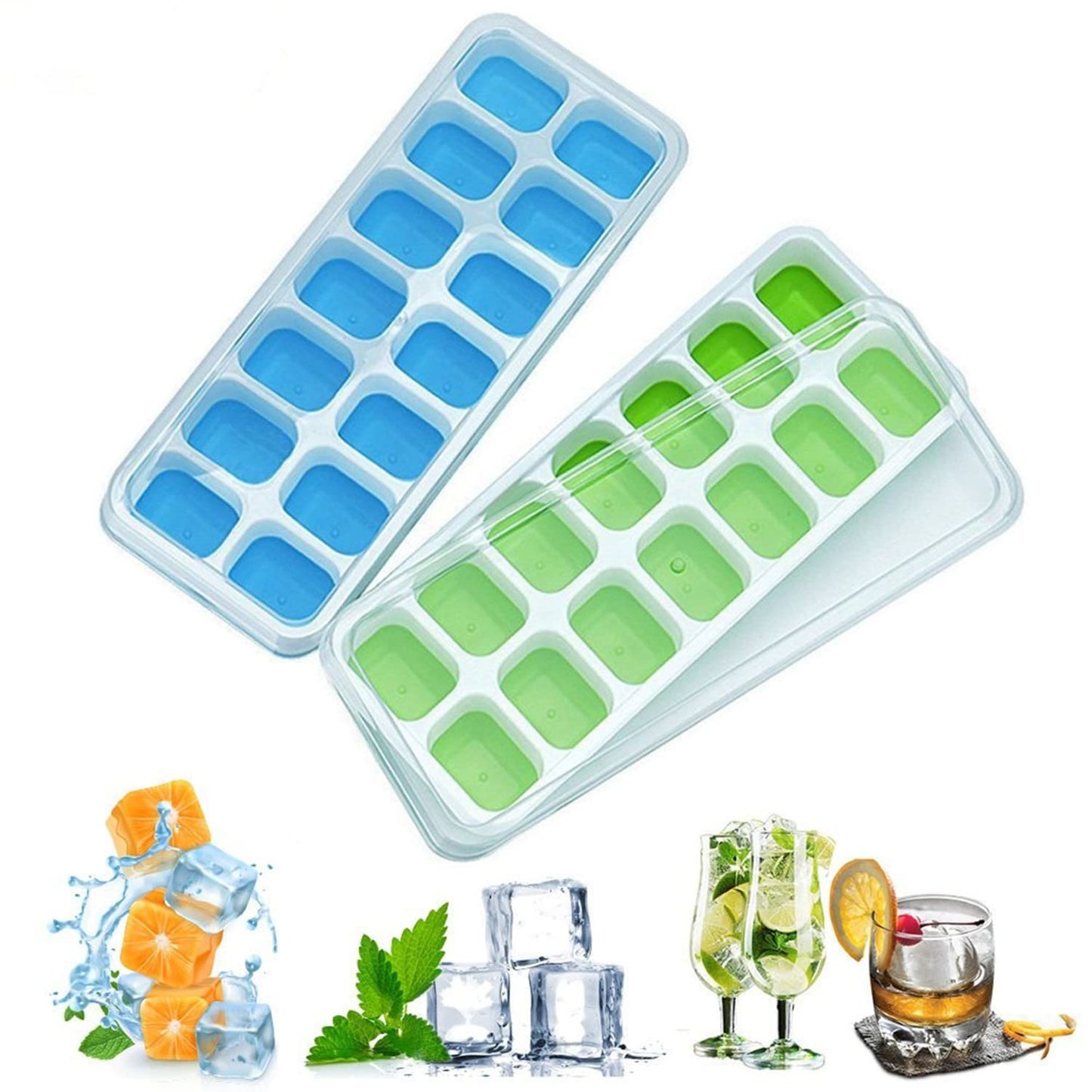 Ice Cube Trays with No-Spill Removable Lid, Lfgb Certified BPA Free Moulds,Easy-Release Silicone and Flexible 28-Ice Trays,Best for Freezer,Baby Food,Water,Whiskey,Cocktail and Other Drink 1green & 1blue