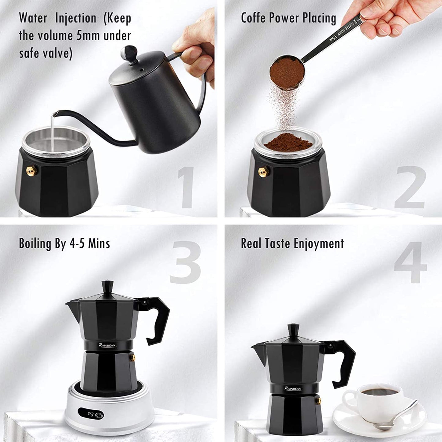 RAINBEAN Espresso Maker, Italian Stove Top Coffee Maker Moka Pot 3 Cup, Cafetiera Percolator For Coffee Latte Mocha Cappuccino Macchiato Cuban Cafe Makers, Black 3 Cup/150ml