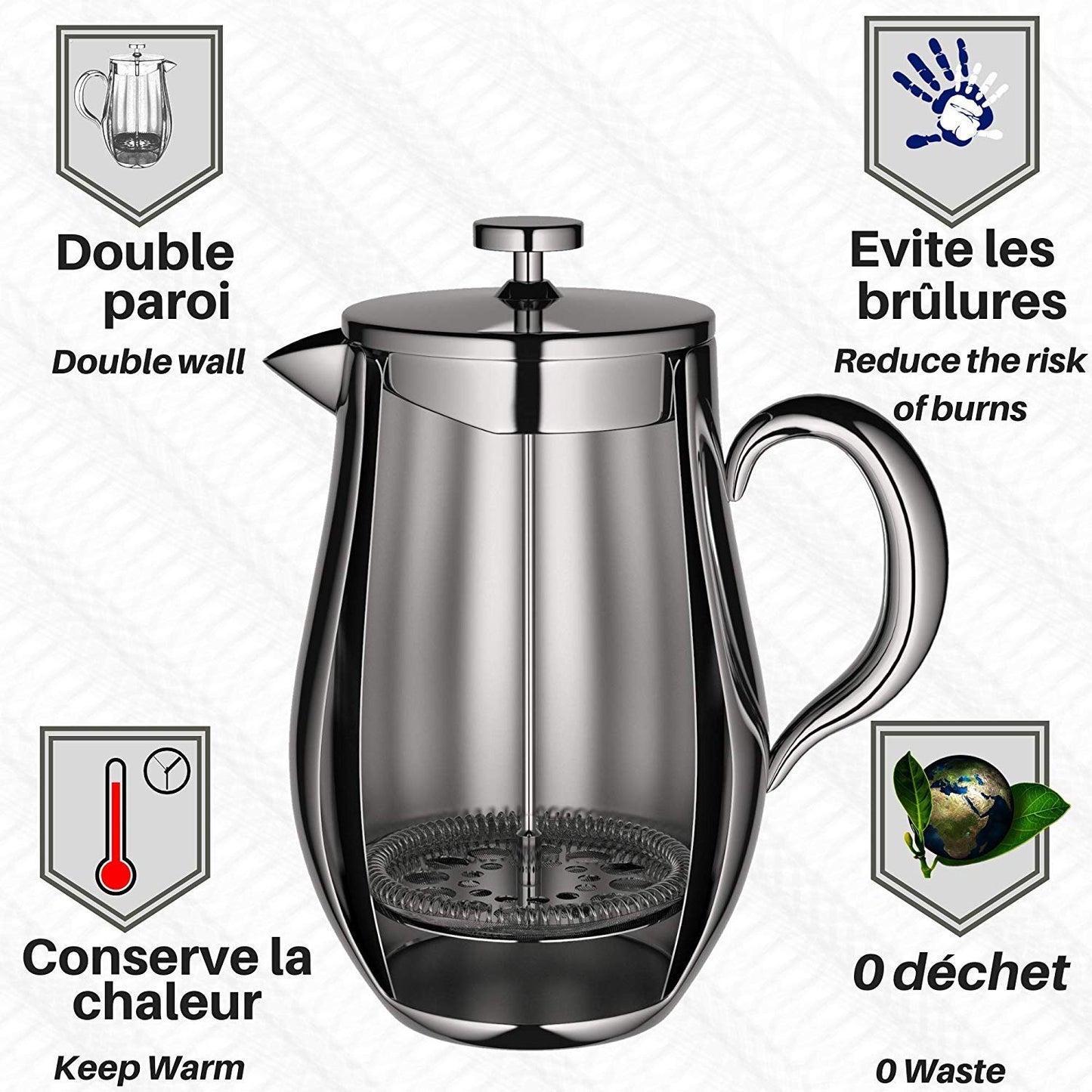 Cafetiere French Press Coffee Maker by VeoHome - Unbreakable and Keeps Coffee Hotter for a Long time Thanks to its Double Wall (1 Liter) 1 Liter