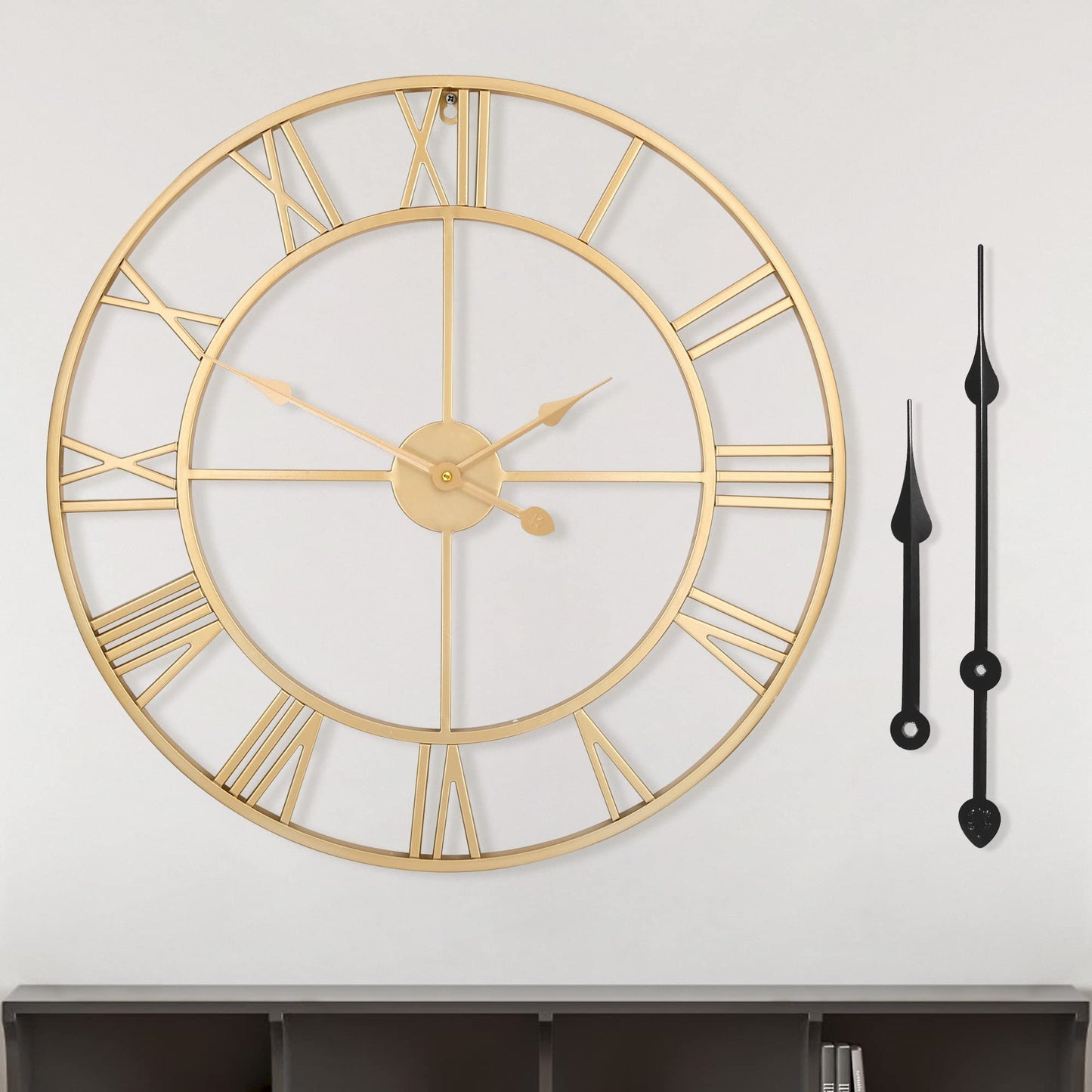 HAITANG Roman Retro Large Wall Clock Round Metal Silent Non Ticking Battery Operated 40CM /16 Inches Gold Roman Numerals Clocks for Living Room,Bedroom,Kitchen Decor-40cm