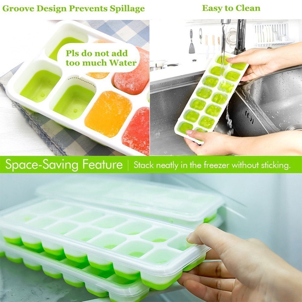 Ice Cube Trays with No-Spill Removable Lid, Lfgb Certified BPA Free Moulds,Easy-Release Silicone and Flexible 28-Ice Trays,Best for Freezer,Baby Food,Water,Whiskey,Cocktail and Other Drink 1green & 1blue