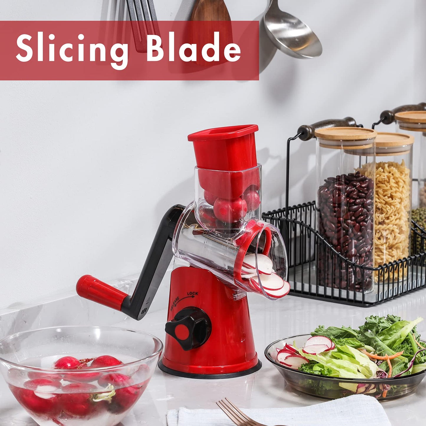 GDL Cheese Grater Rotary, Vegetable Slicer with 3 Interchangeable Drum Blades，Grater Kitchen Fast Cutting for Time Saving, Rotary Grater Suitable for Vegetable, Fruit, Nut, etc. Red