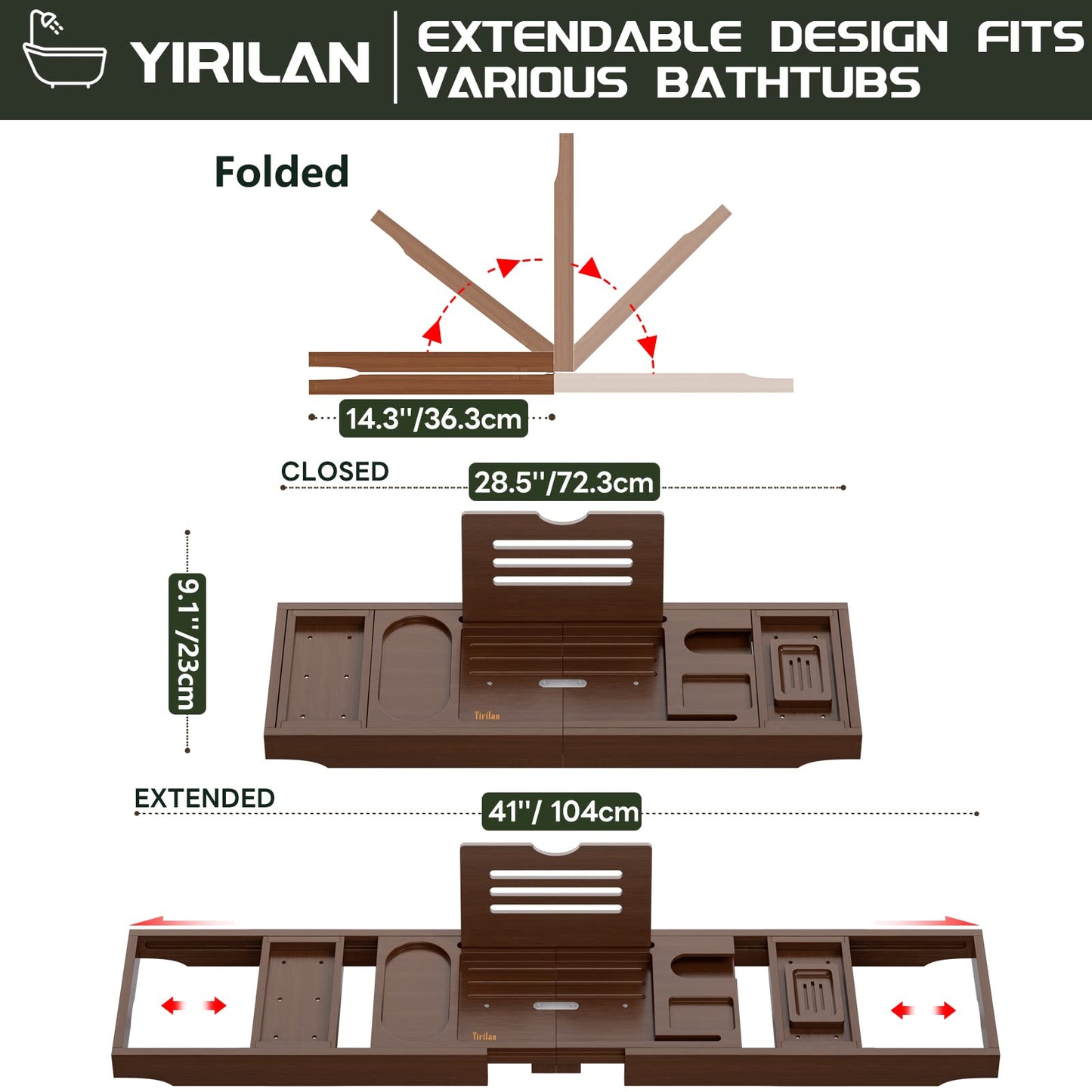 Yirilan Bamboo Bath Tray, Foldable Premium bath caddy, Adjustable bath board with Book Rest, Extendable Wooden Tray Bath shelf – Fits Most Bath Sizes-Brown Brown