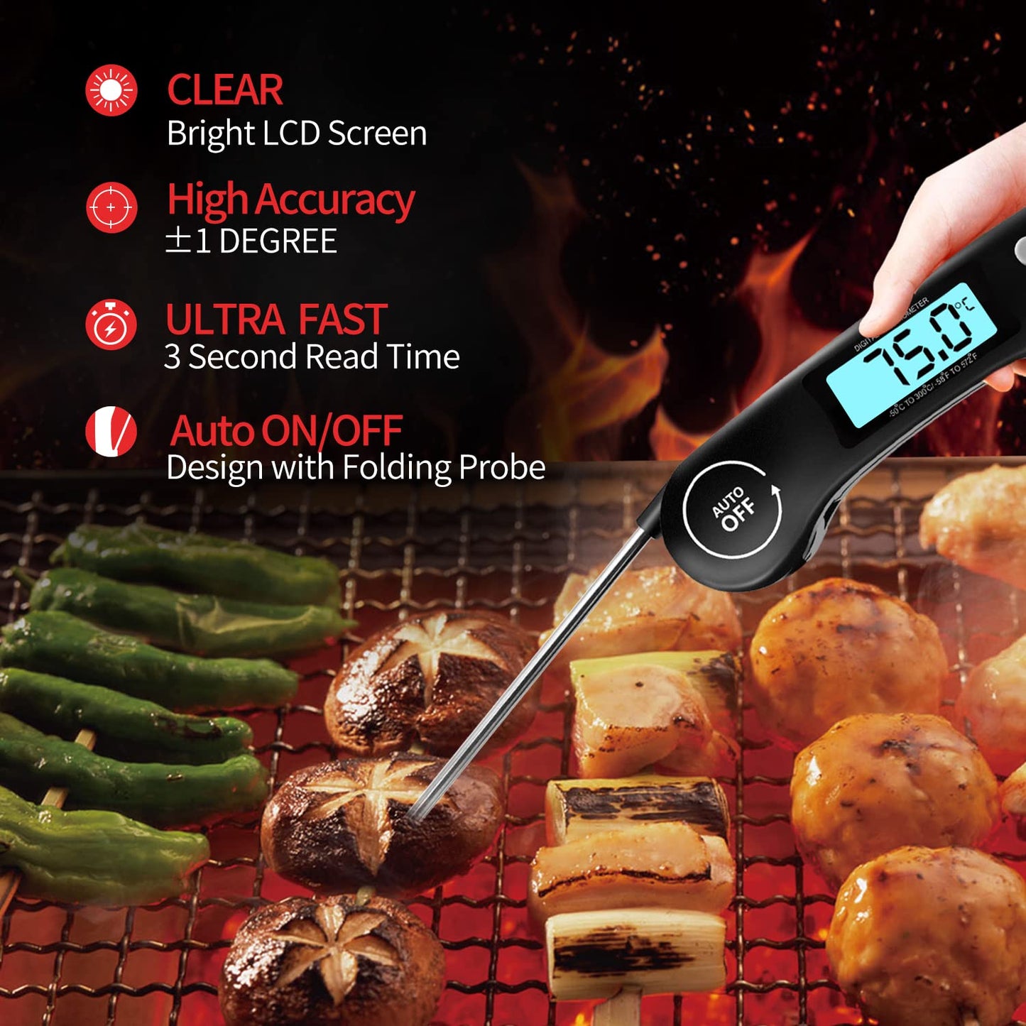 DOQAUS Digital Meat Thermometer, Instant Read Food Thermometer with Backlight LCD Screen, Foldable Long Probe & Auto On/Off, Perfect for Kitchen, BBQ, Water,Meat, Milk, Cooking Food (Black) Black