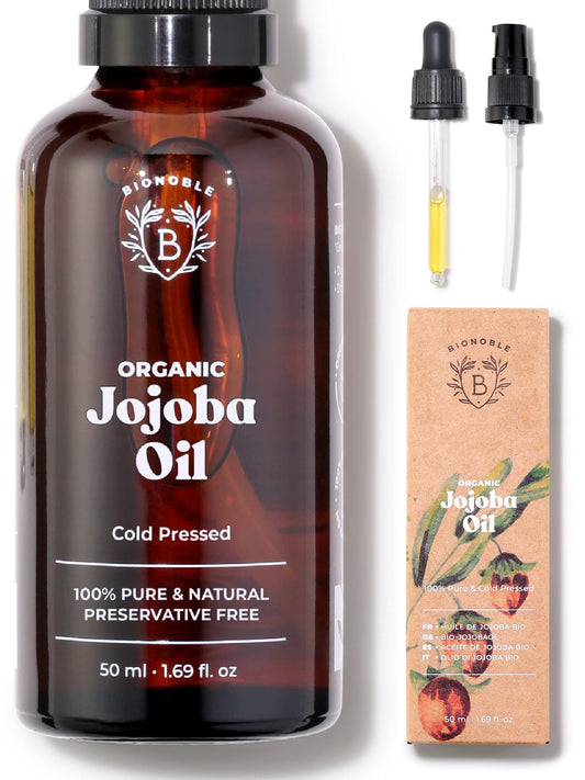 Bionoble Organic Jojoba Oil 50ml - 100% Pure, Natural and Cold Pressed - Face, Body, Hair, Beard, Nails - Vegan and Cruelty Free - Glass Bottle + Pipette + Pump 50 ml (Pack of 1)