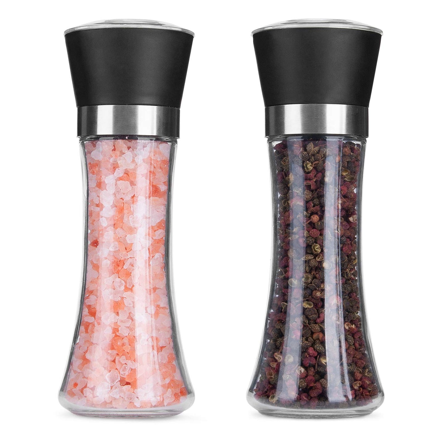 Hotder Salt and Pepper Grinder,Condiment Set,Himalayan Pink Salt & Peppercorn Mills with Adjustable Coarseness Glass Body Shakers,No Salt/Pepper Included(2 Pack) (200ml)