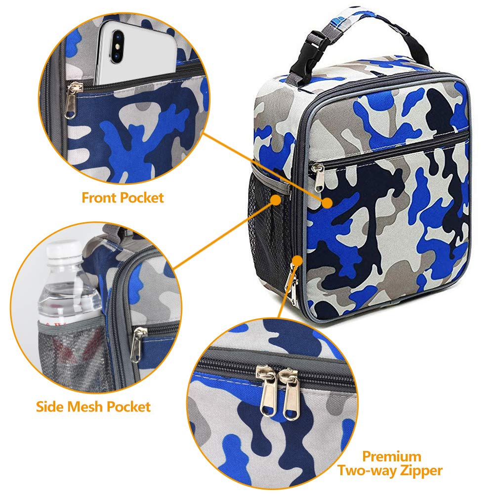 IWTTWY Insulated Lunch Bag Camo Cooler Bag Portable Carrying Lunch Box Bag for Boys Girls Women Men to School Office Outdoor (Camo Blue) Camo Blue