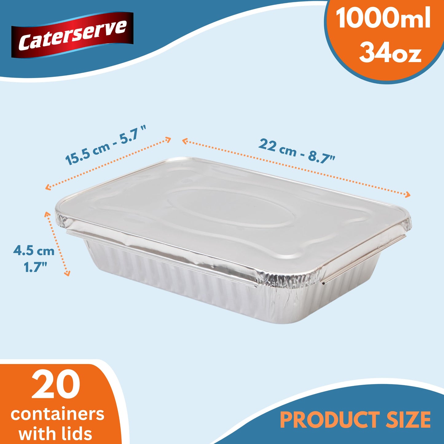 Disposable Aluminum Foil Trays Containers with Foil Lids 1000ml. Great for Baking Food Storage Takeaway Tin Pack of 20 Pack Of 20 Trays & 20 Lids