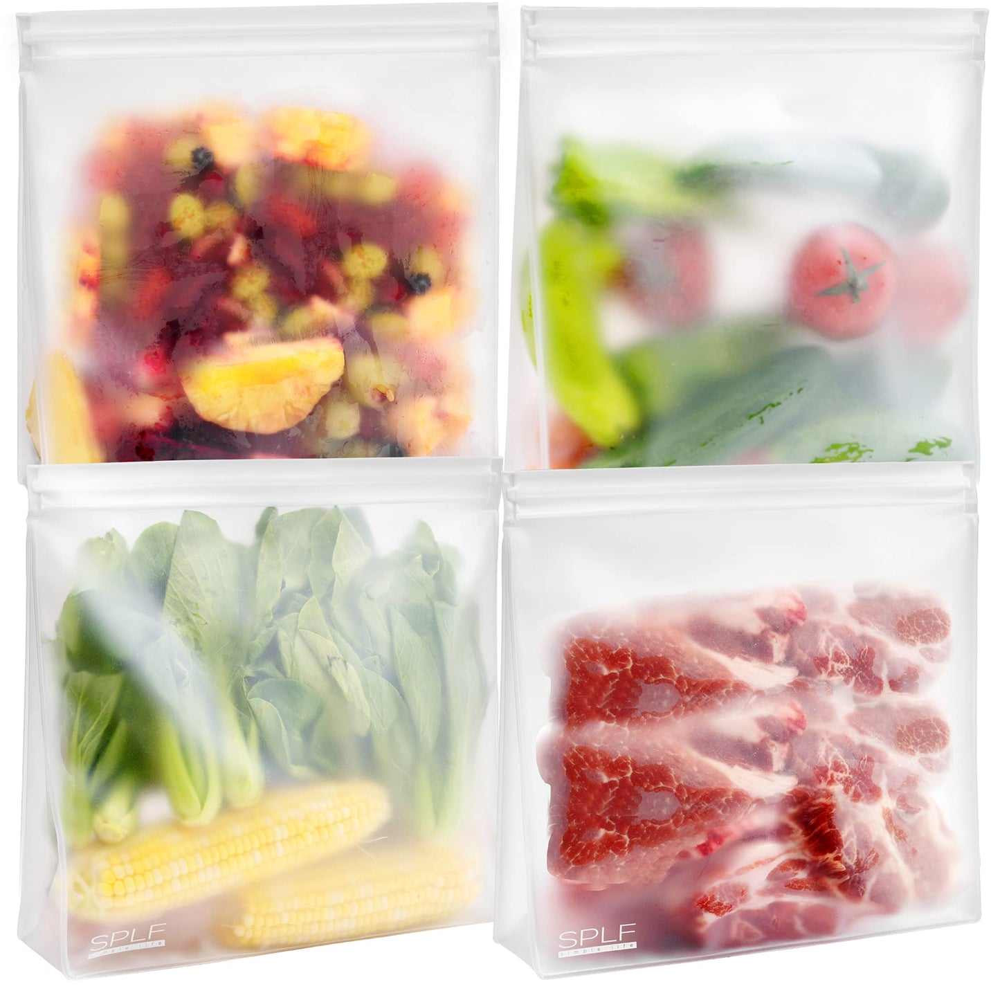 SPLF 4 Pack Dishwasher Safe Reusable Gallon Freezer Bags, Reusable Food Bags, BPA FREE Reusable Ziplock Bags Stand Up Extra Thick Leakproof Silicone and Plastic Free Zipper Sandwich Snack Lunch Bags 4 Pack Gallon Bags