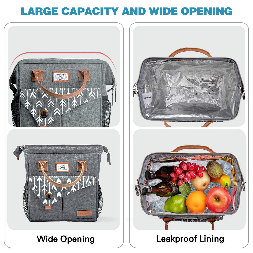 Lekesky 10L Insulated Lunch Bag for Women for Work Lunch Tote, Grey 10 L A-arrow-grey